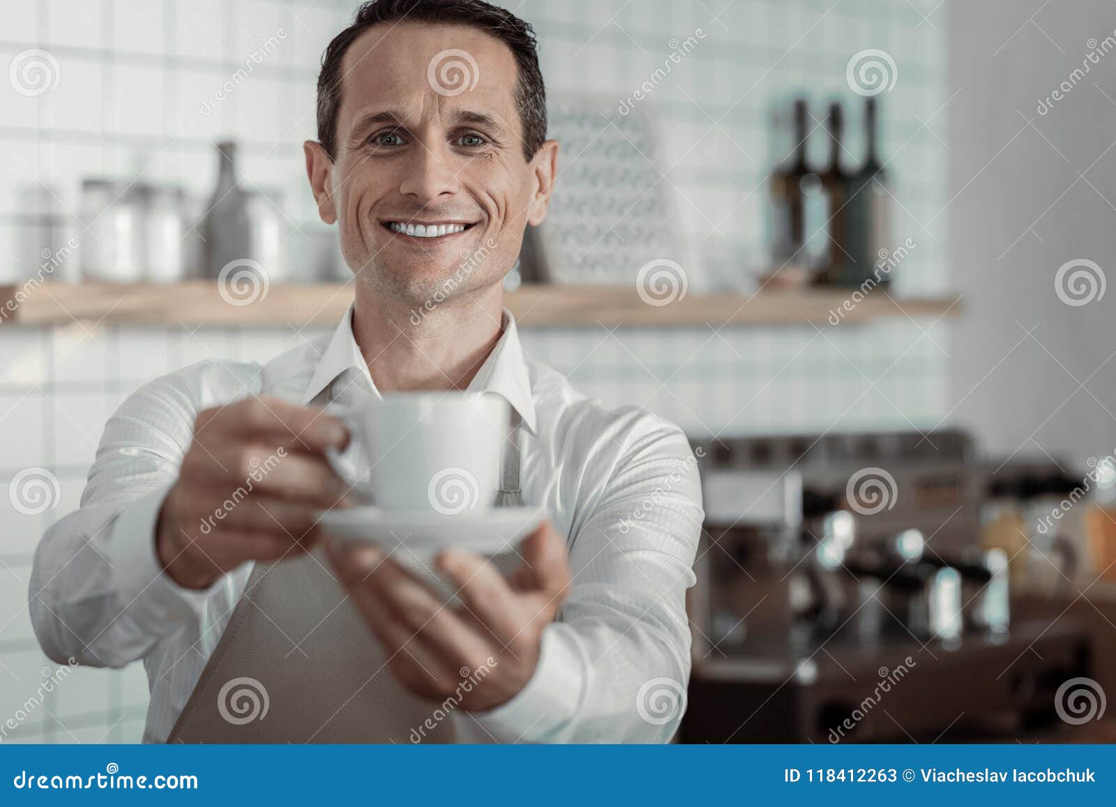 Delighted Owner Working in His Coffee Shop Stock Image - Image of ...