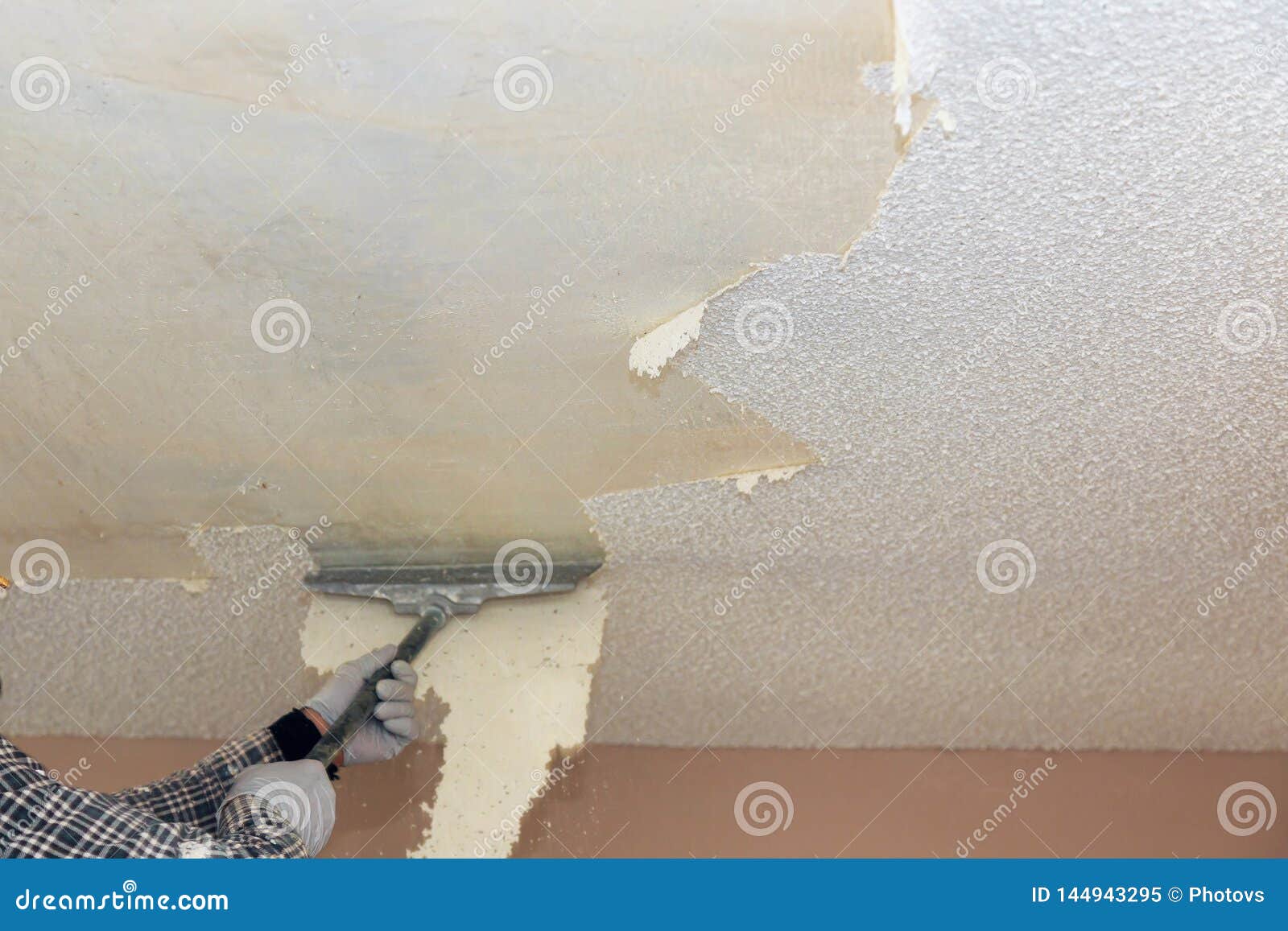 Take Off In The Popcorn Ceiling Home Wall Texture Removal Stock