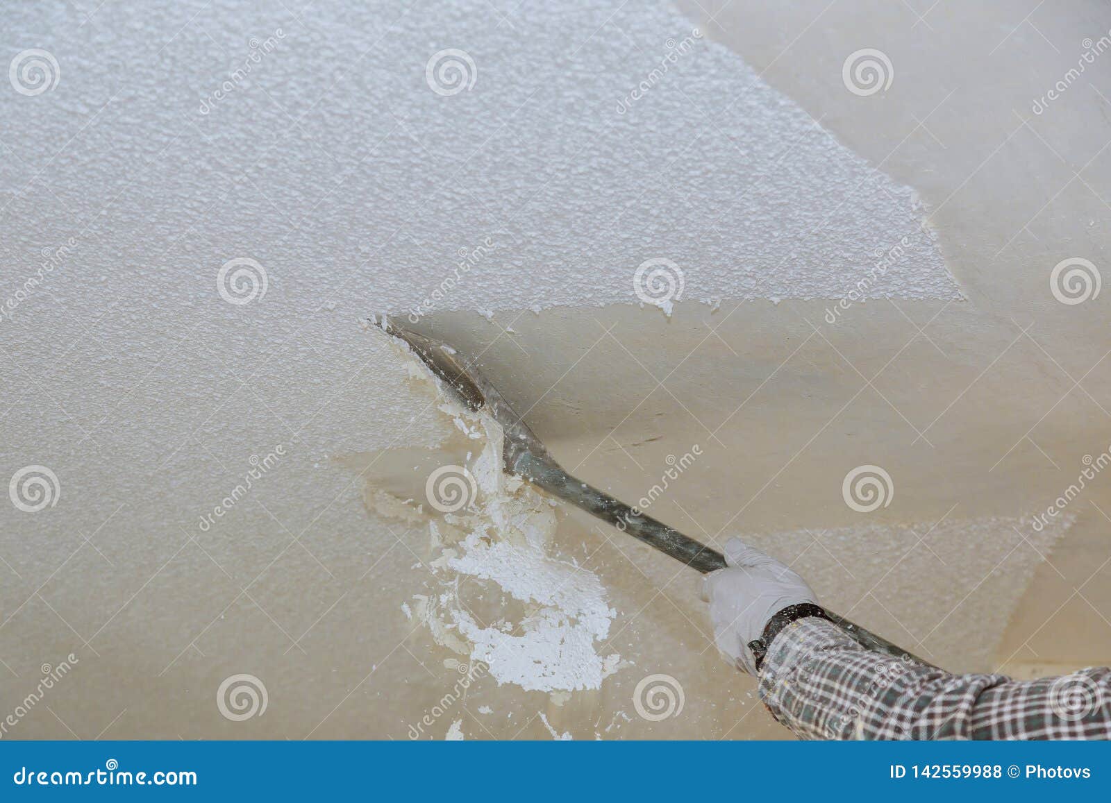 Take Off In The Popcorn Ceiling Home Wall Texture Removal Stock