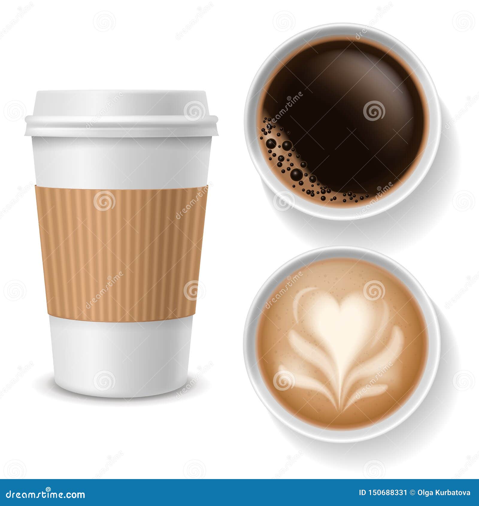 takeaway coffee cups. top view beverages in paper white, brown coffee cup with cappuccino americano espresso latte