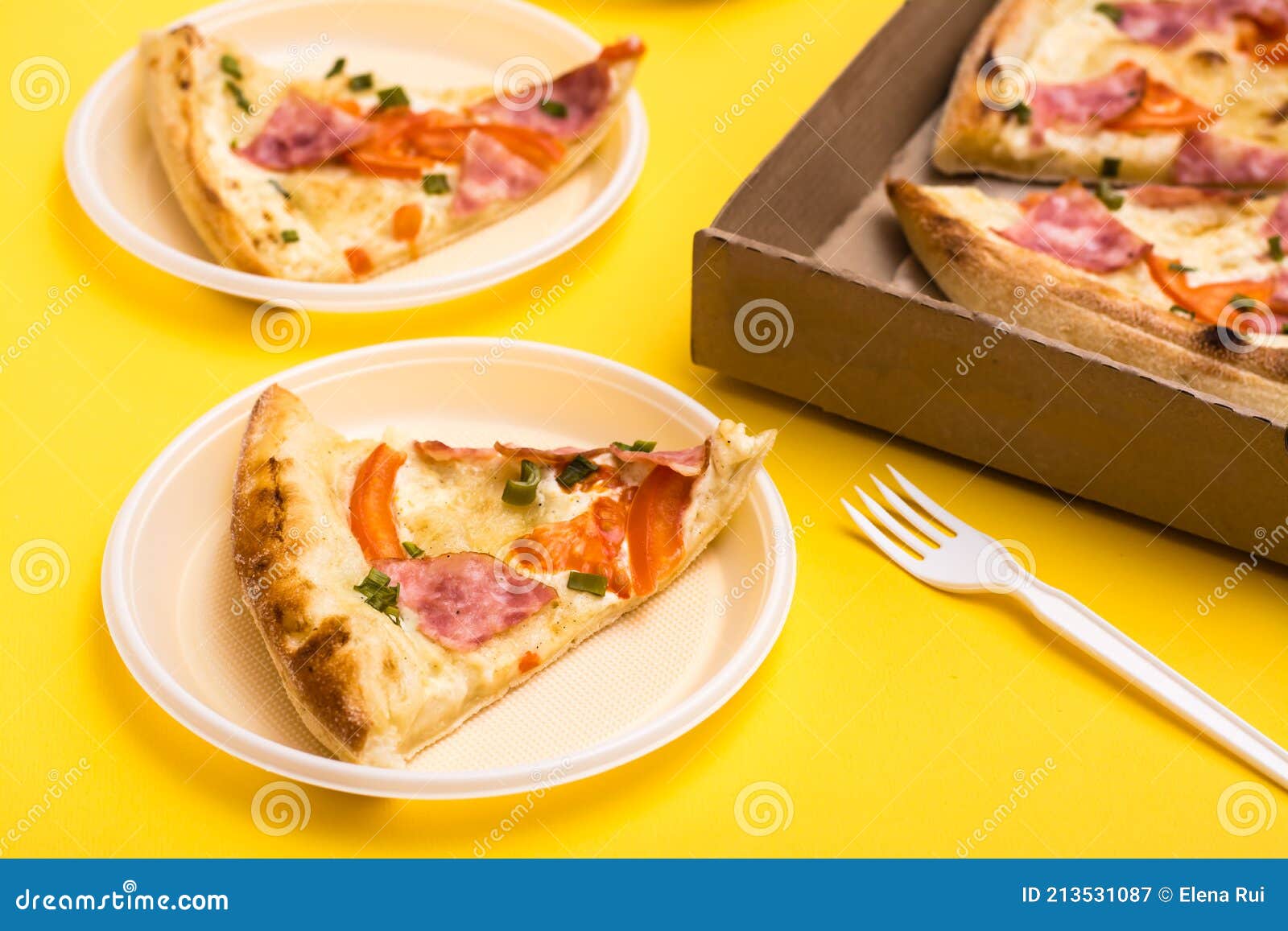 Takeaway and Delivery. Pizza Slice in Disposable Plastic Plate, Pizza