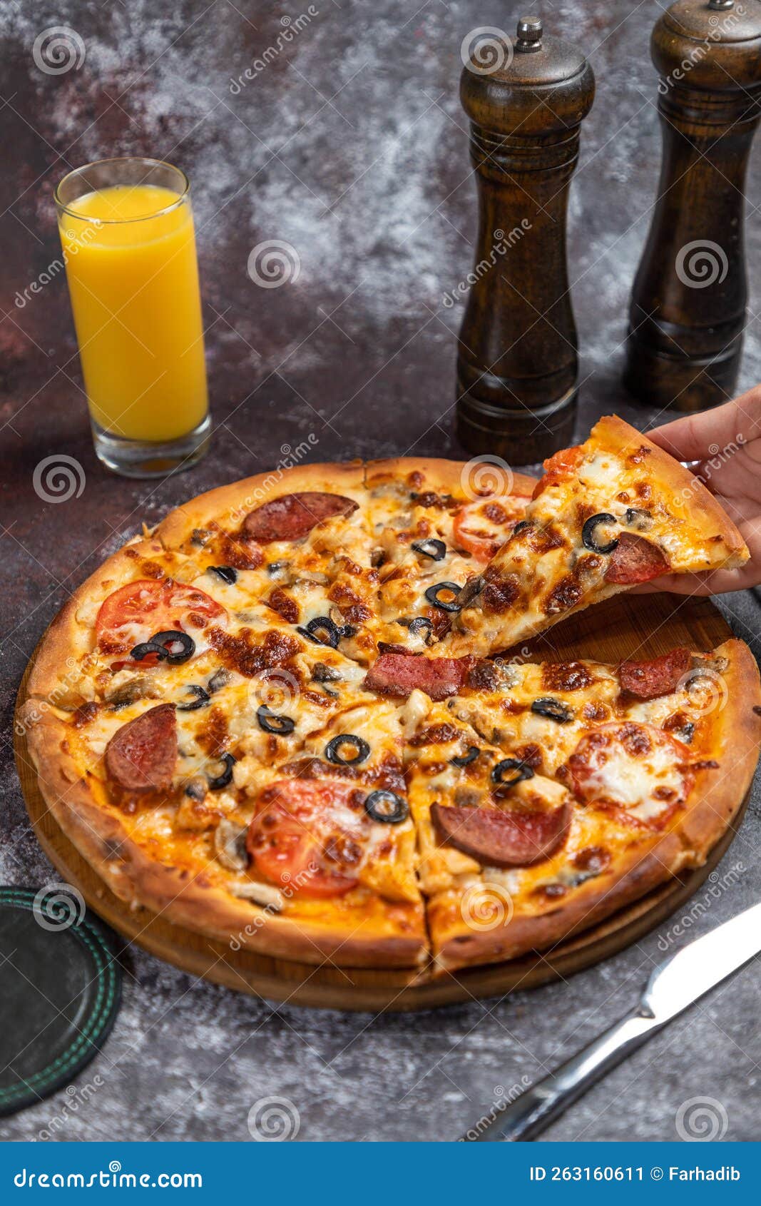 Taking Slice of Pepperoni Sausage Pizza Stock Image Image of olive