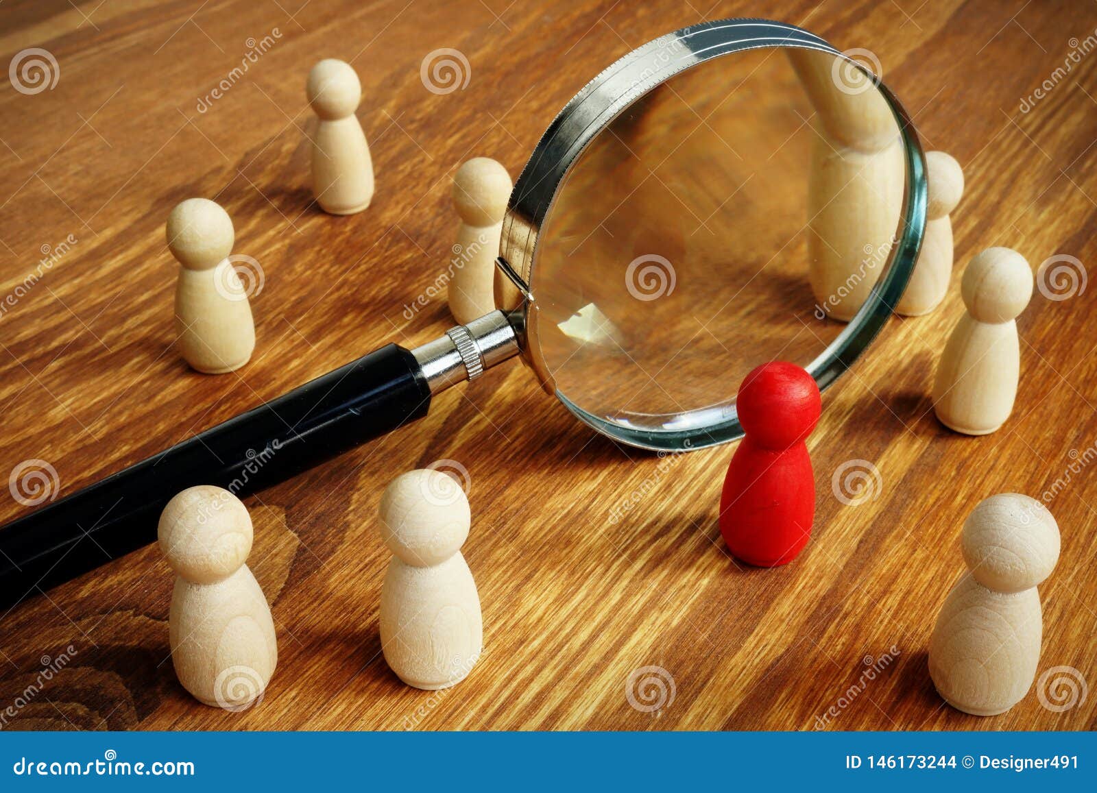 talent acquisition and management. magnifying glass and figurines