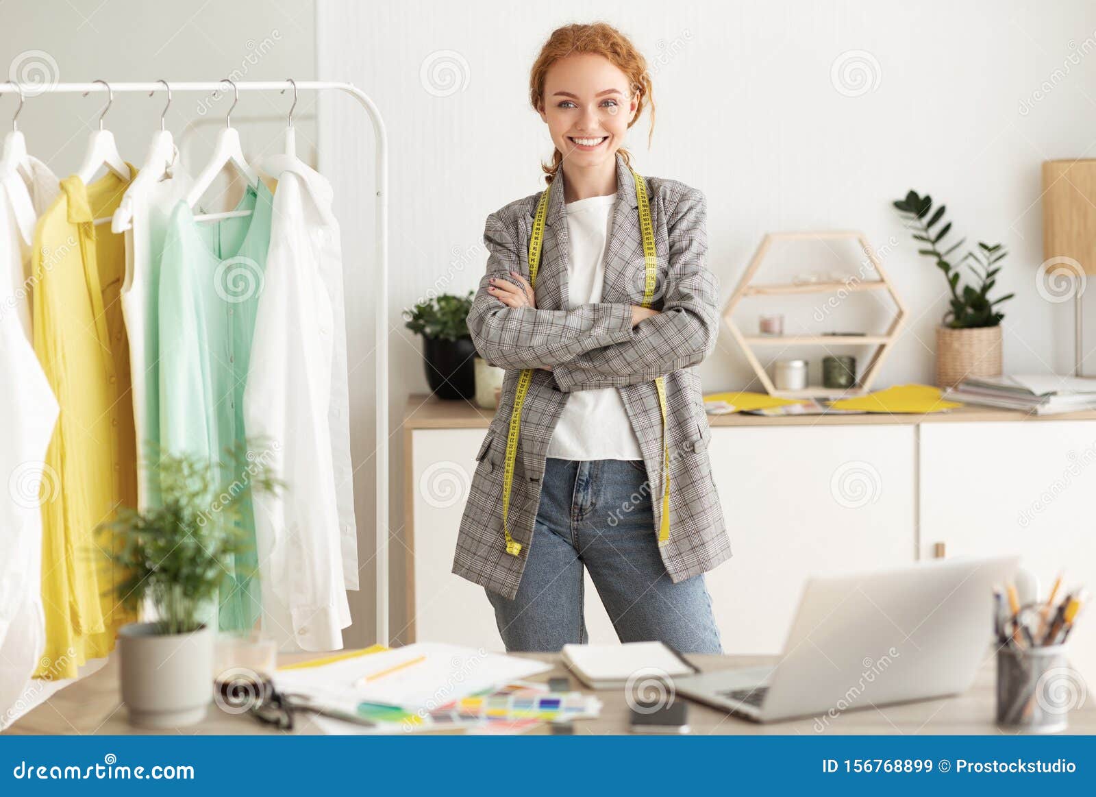 Talented Young Dressmaker Posing in Workshop, Free Space Stock Image ...