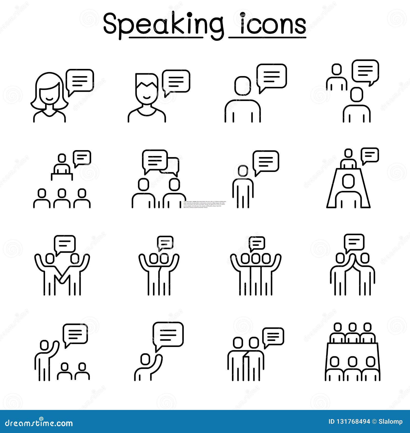 talk, speech, discussion, dialog, speaking, chat, conference, meeting icon set in thin line style