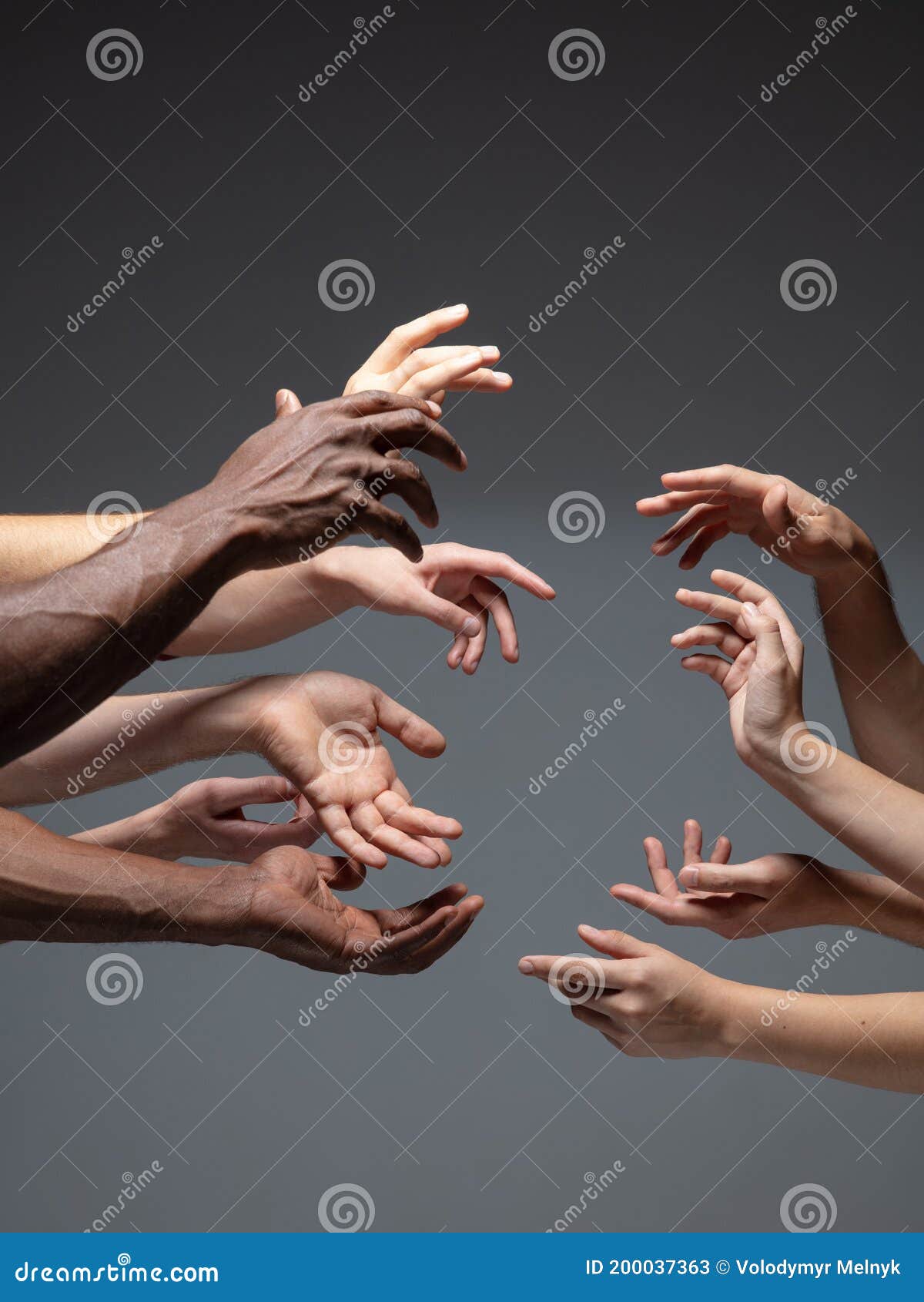 Hands of People`s Crowd in Touch Isolated on Grey Studio Background ...