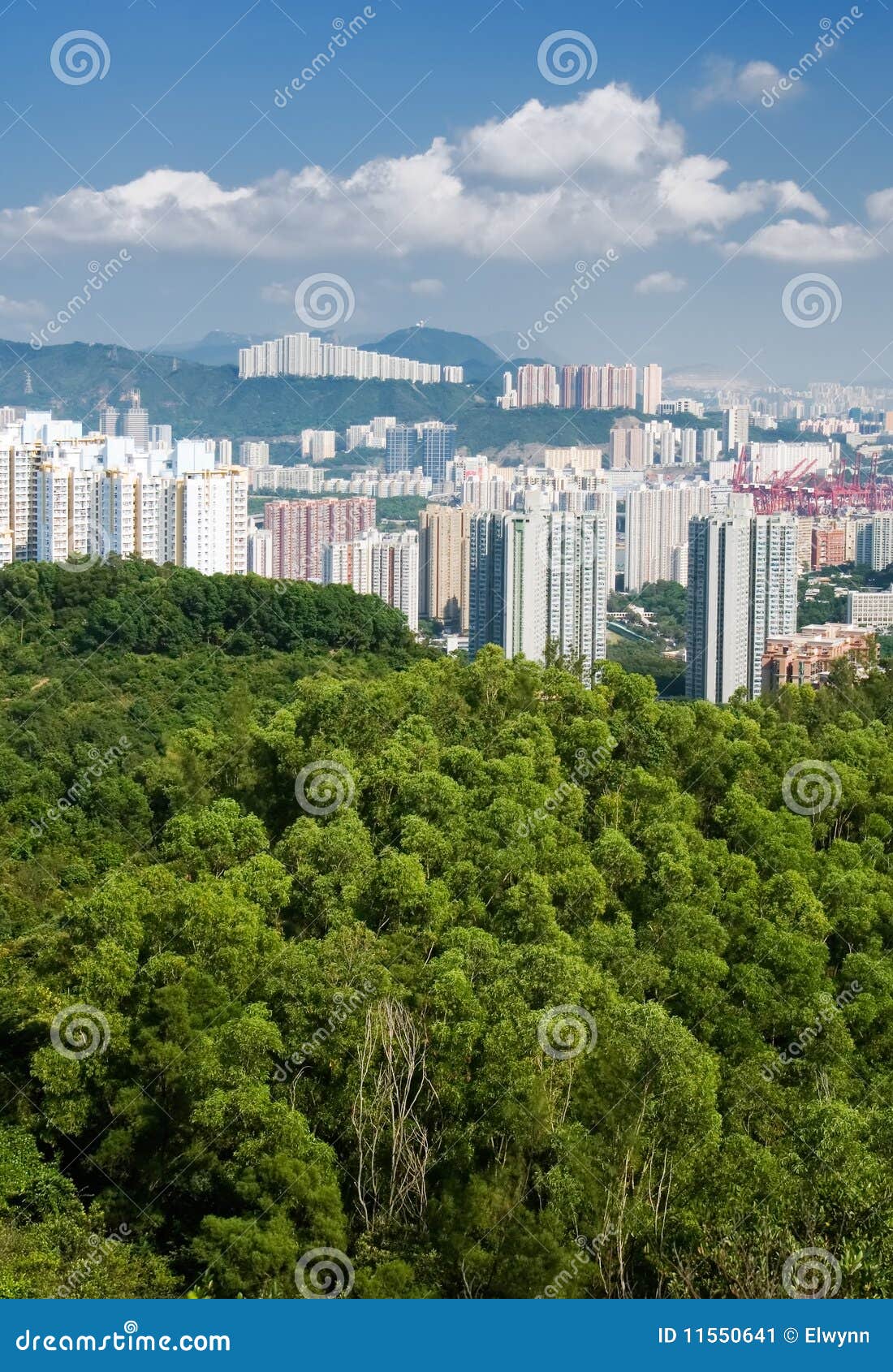 Tall Apartments with Green Mountain and Blue Sky Stock Image Image of