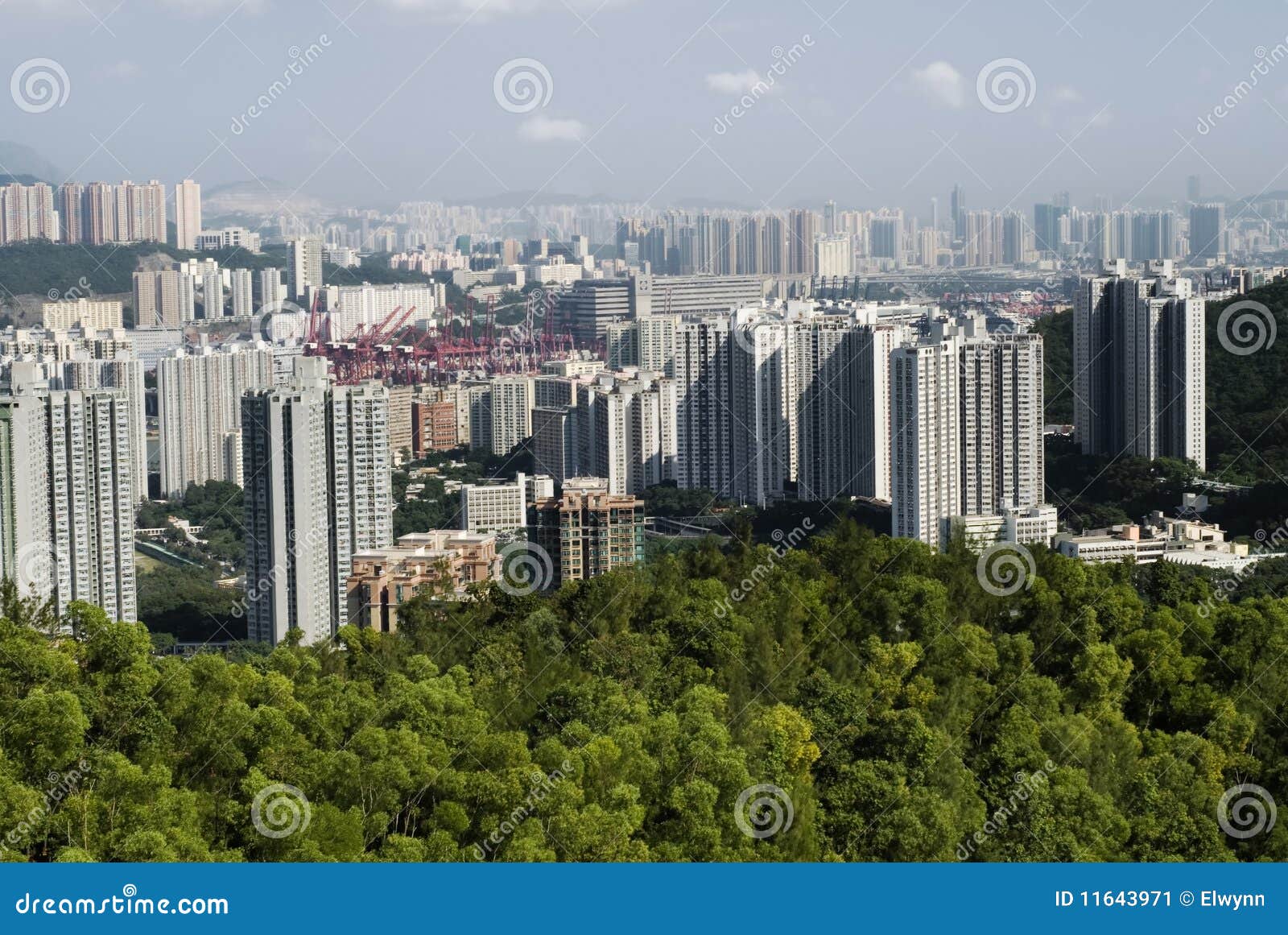 Tall Apartments with Green Mountain and Blue Sky Stock Image Image of