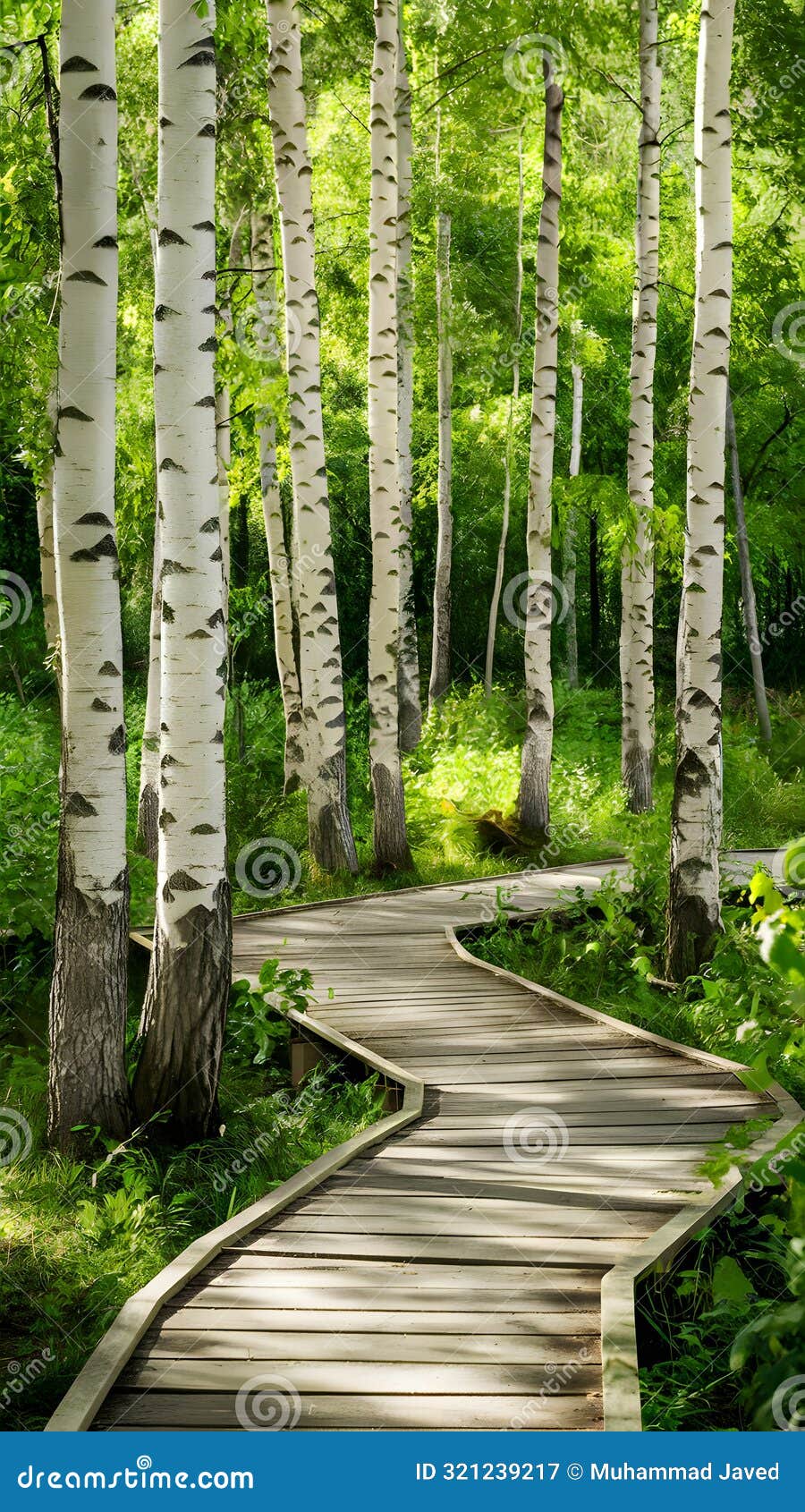 tall birch trees in serene forest with boardwalk, dappled sunlight, natures tranquility