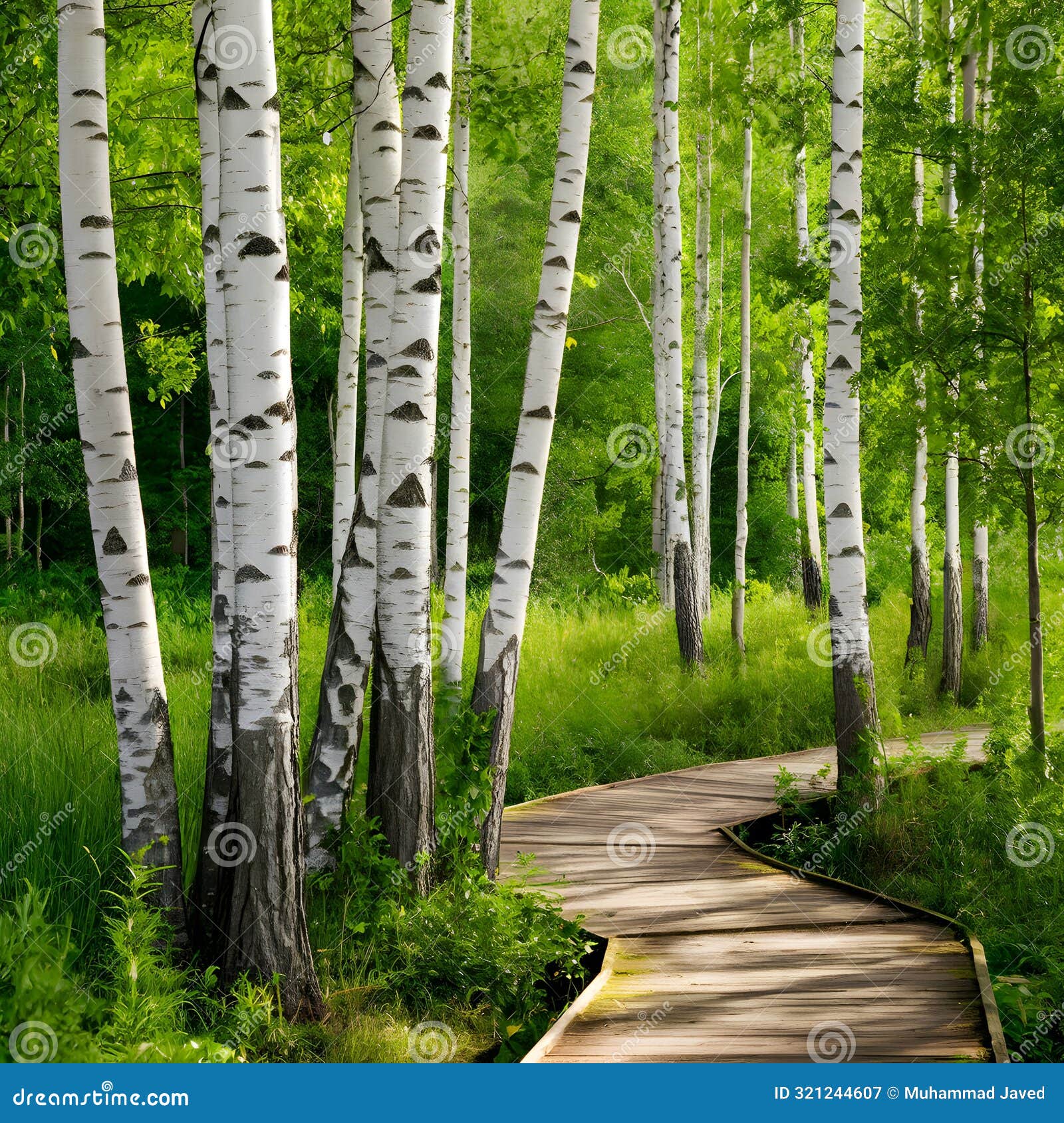 tall birch trees in serene forest with boardwalk, dappled sunlight, natures tranquility