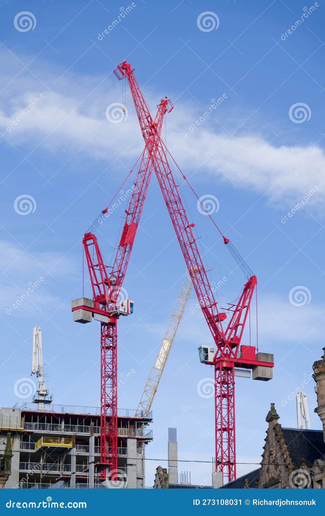 Tall Cranes at New Office Construction in Glasgow City Centre Stock