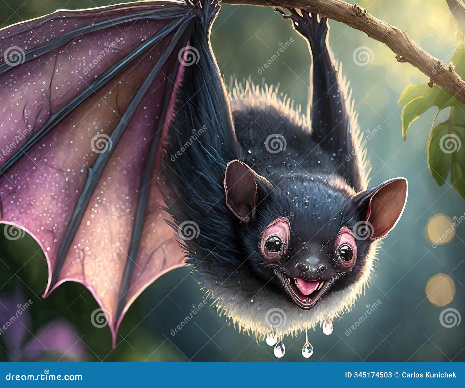 a tall format matte painting featuring a closeup of one adorable, hyper-realistic all-black fruit bat hanging upside down, with a