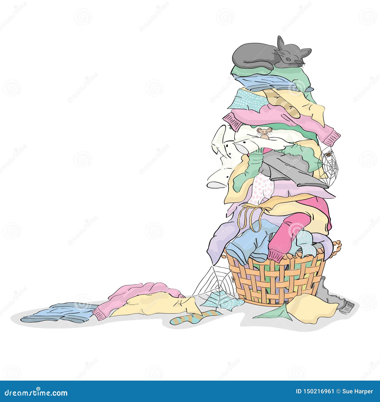 Tall Pile of Dirty Laundry in Basket with Cat and Critters grouped and laye...