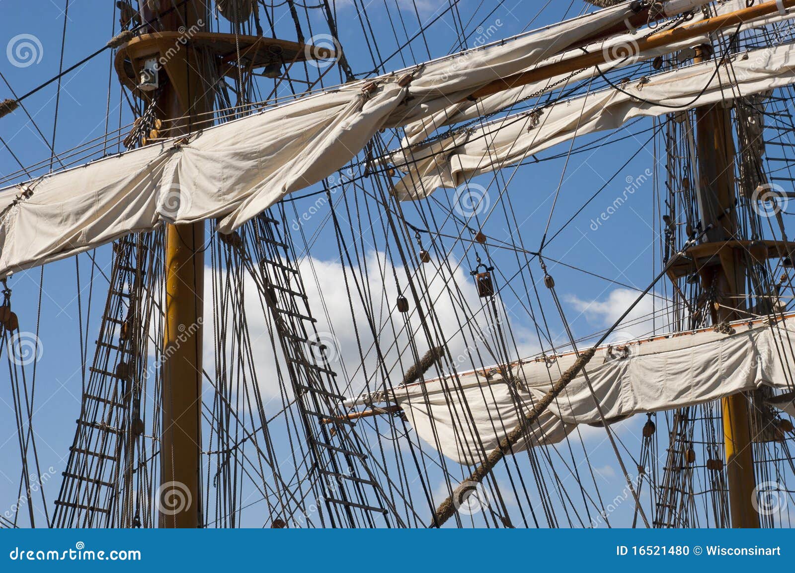 tall sailing ship, closeup detail of mast, sails