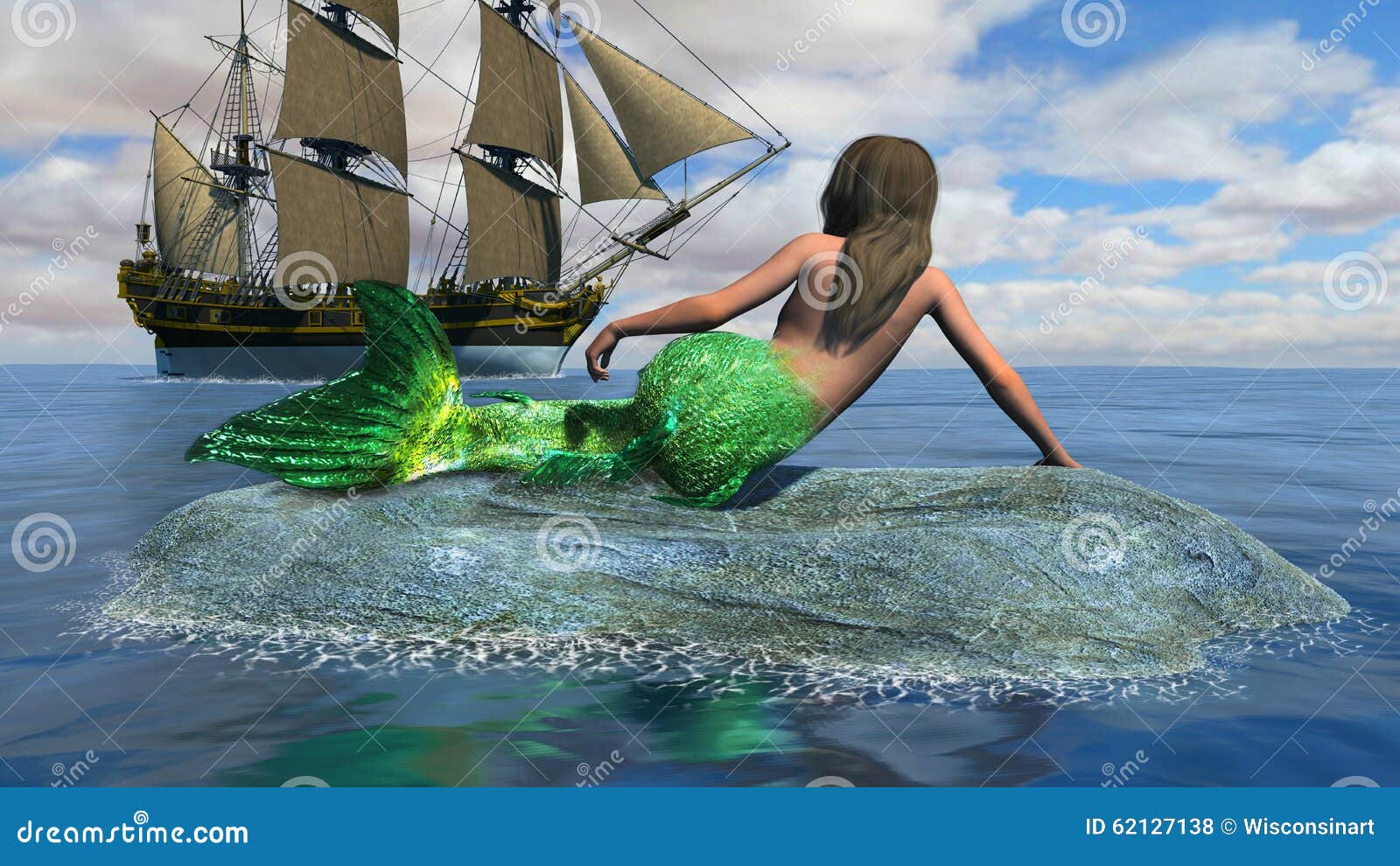 tall sailing ship, sea mermaid 
