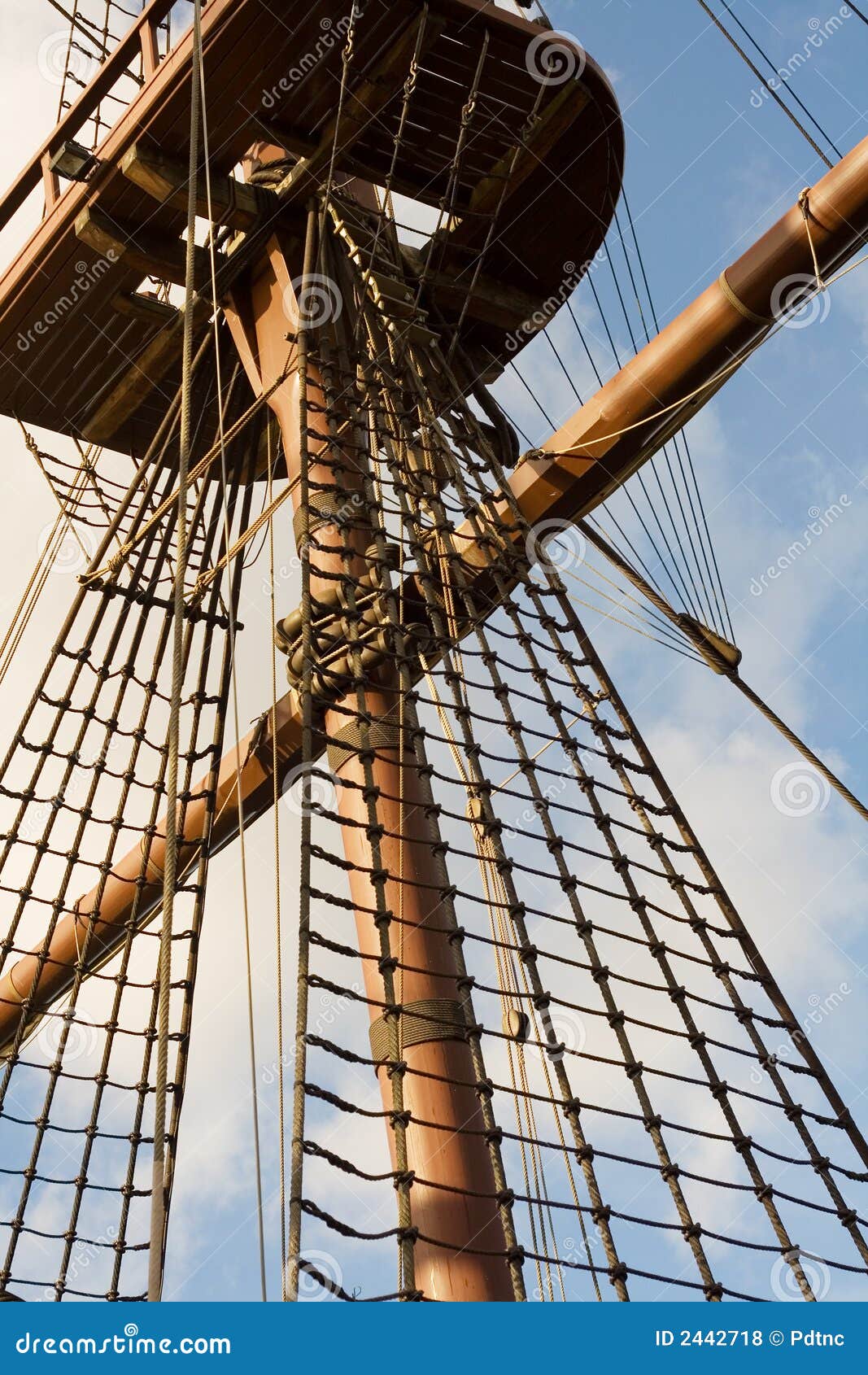 The rigging and rope details of a tall sailing ship at the 