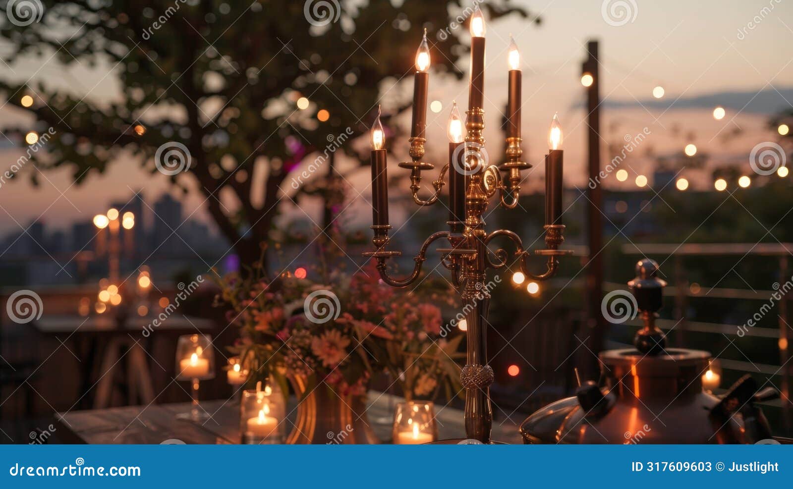 a tall slender candelabra stands tall a the telescopes adding a touch of elegance to the rustic rooftop setting. 2d flat