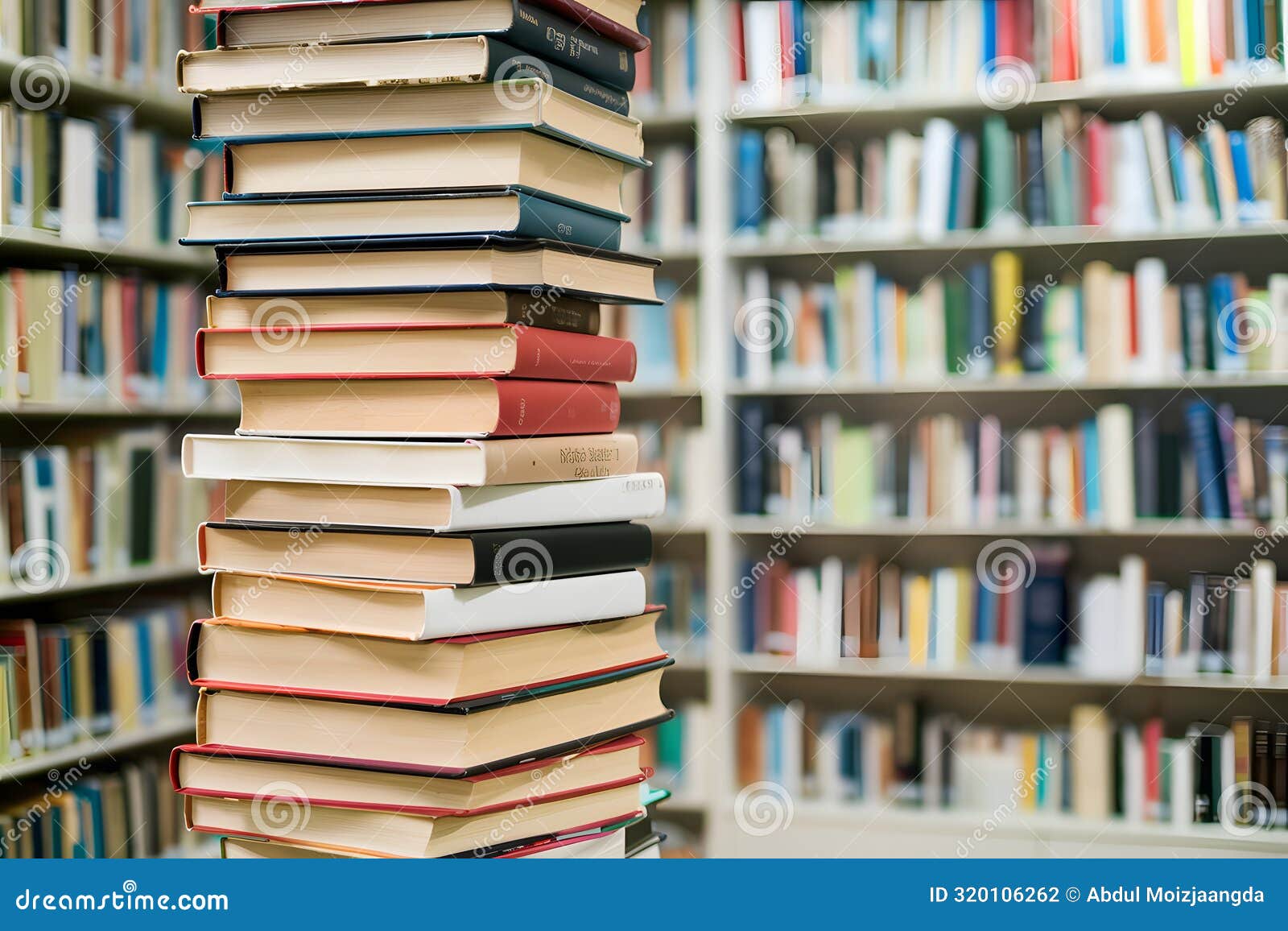 tall stack of colorful books in calm, studious setting