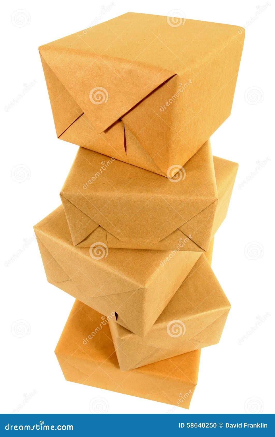 Tall Stack of Mail Delivery Packages, Isolated on White, Top View Stock