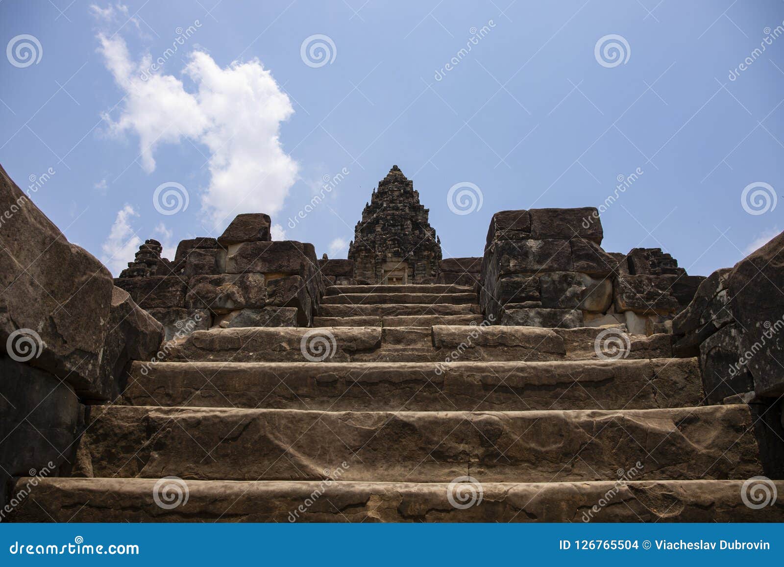 tall stone stair to ancient temple top, bacong temple, roluos temple complex, cambodia. bacong temple top view