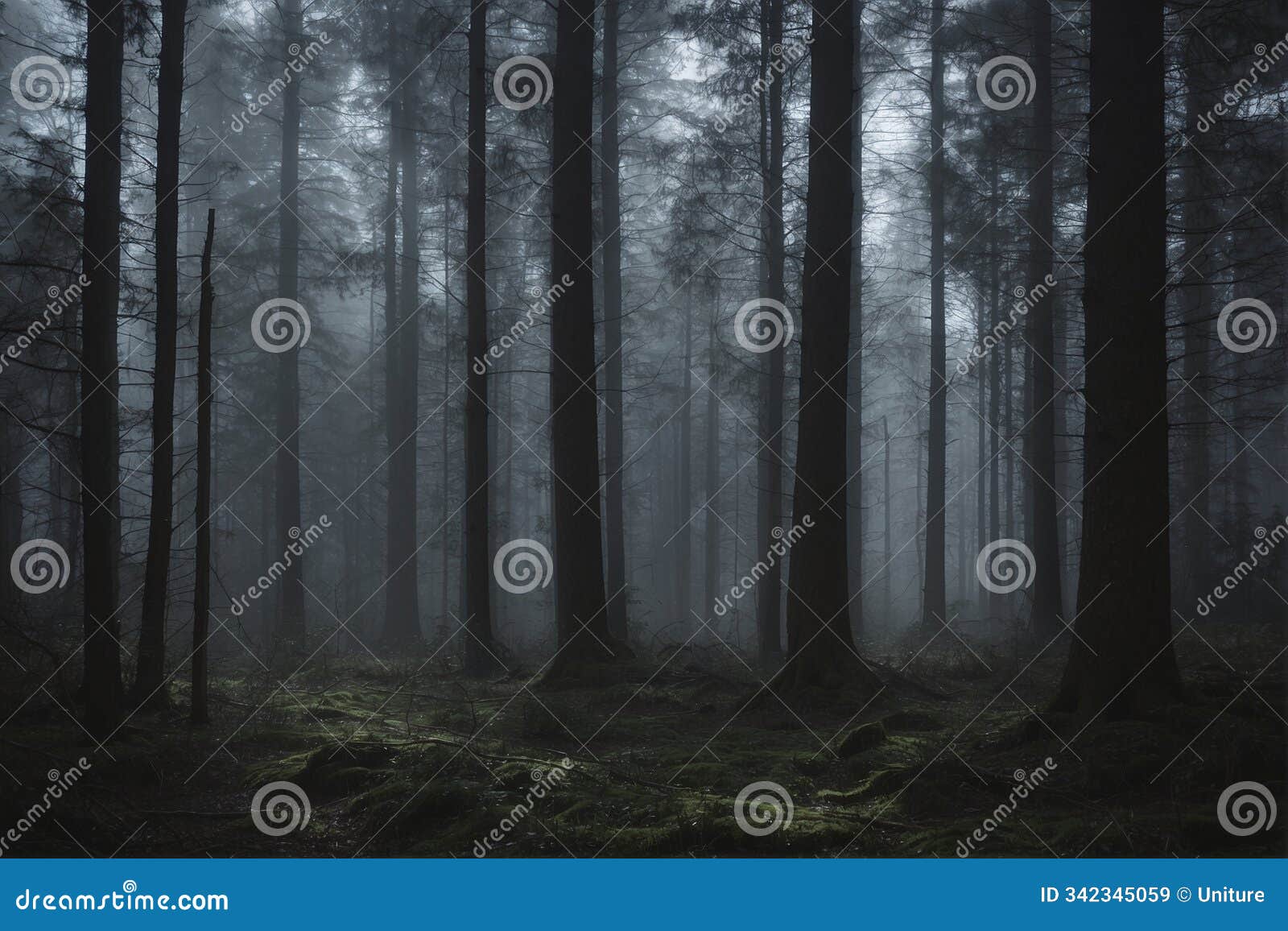 a mysterious dark forest shrouded in mist during early morning light