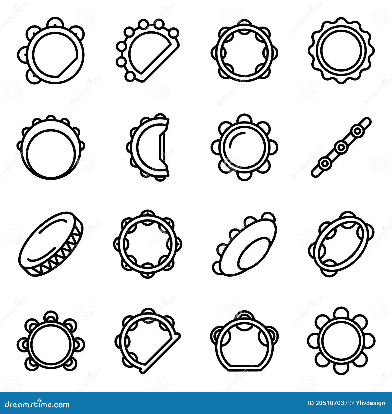 Tambourine Icons Set, Outline Style Stock Vector - Illustration of concept, drum: 205107037