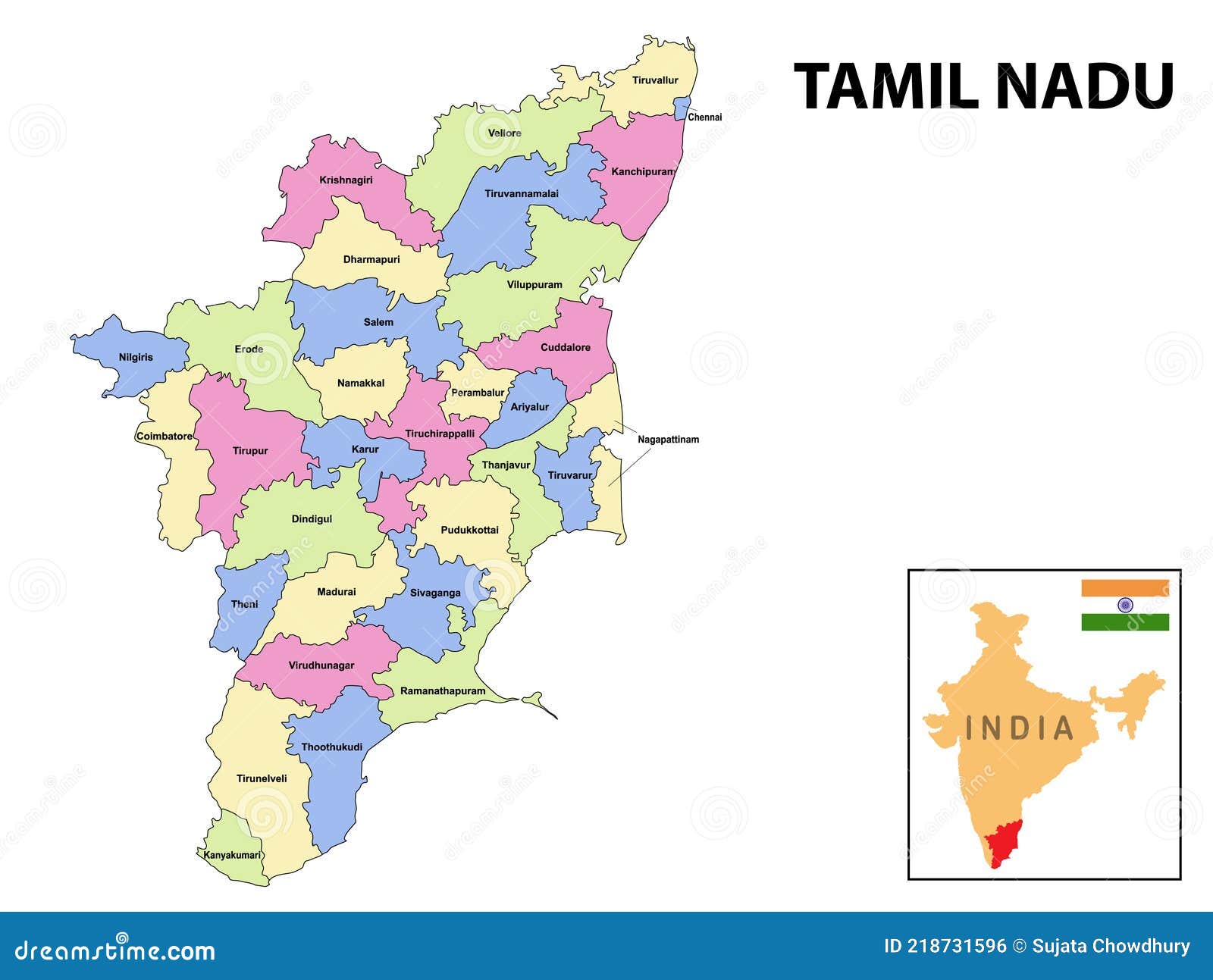 Tamil Nadu Map. District Ways Map of Tamil Nadu with Name. Vector