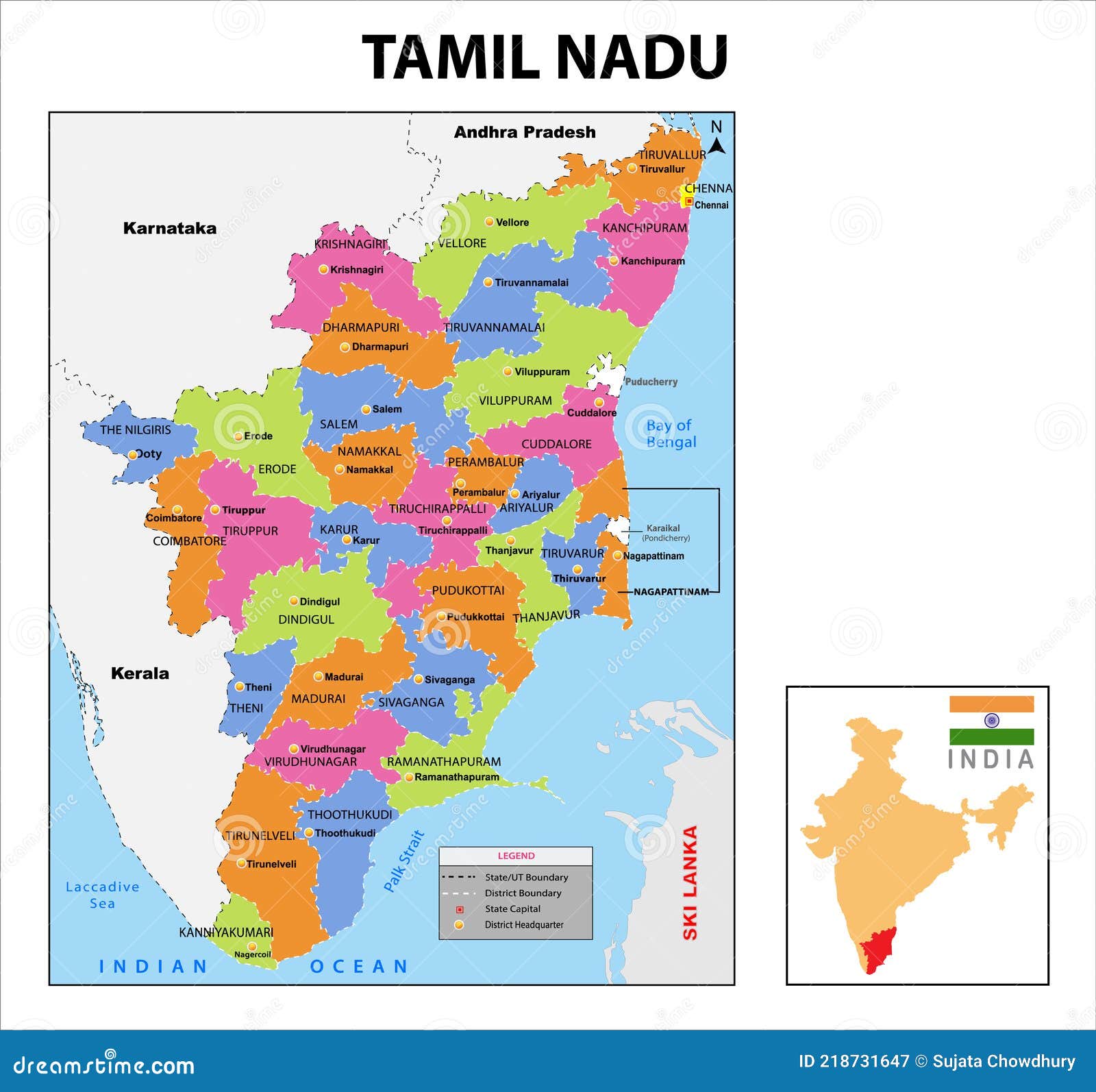 Tamil Nadu Map. District Ways Map of Tamil Nadu with Name. Vector