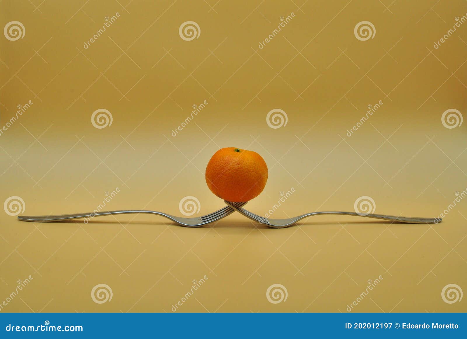 Tangerine Balanced on a Composition of 2 Intertwined Forks Stock Image