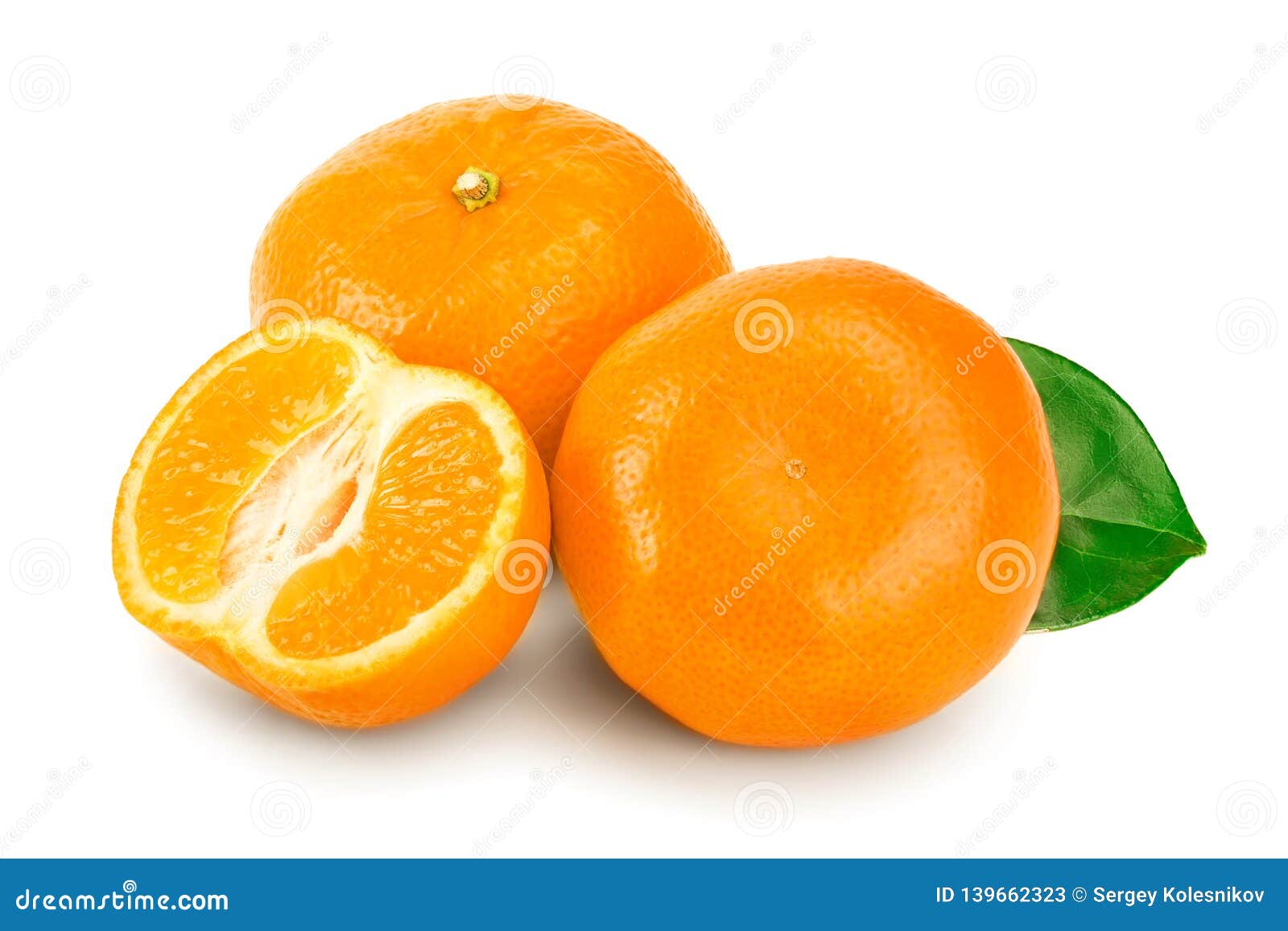 Tangerine or Mandarin Fruit with Leaves Isolated on White Background