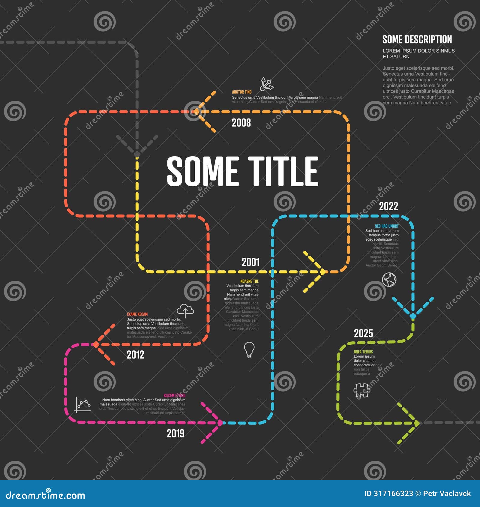 tangle timeline infographic template with arrows on color dotted line and dark background