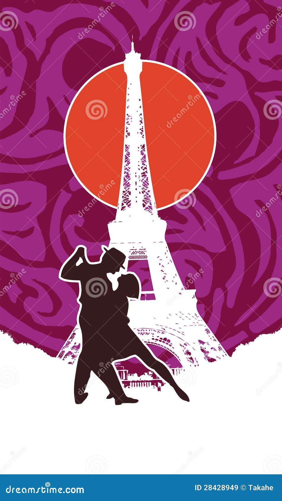 Tango em Paris. Pares da dança do tango na frente da torre Eiffel em Paris. Tango Argentino da dança em Paris. Cenário iluminado por uma lua vermelha. Contexto em um teste padrão típico do firulete do tango.