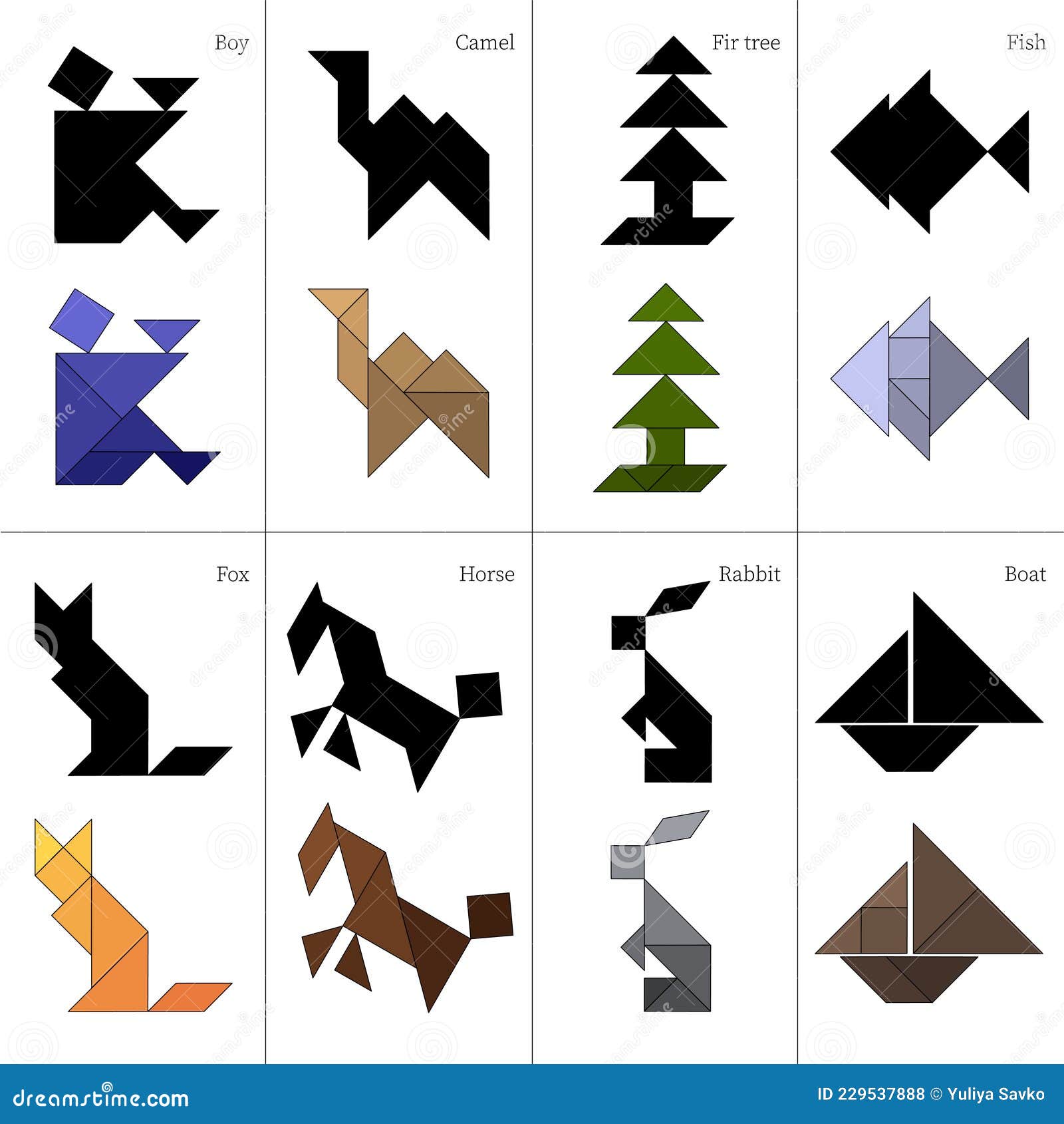 Tangram Puzzle Game Schemes with Different Objects Stock Vector -  Illustration of kindergarten, animal: 229537888