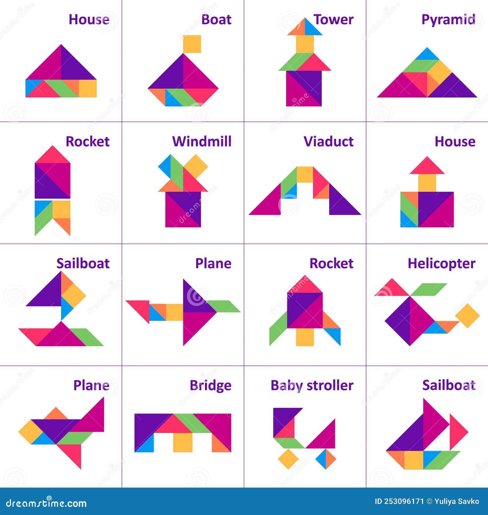 Tangram Puzzle for Kids. Set of Tangram Objects. Stock Vector