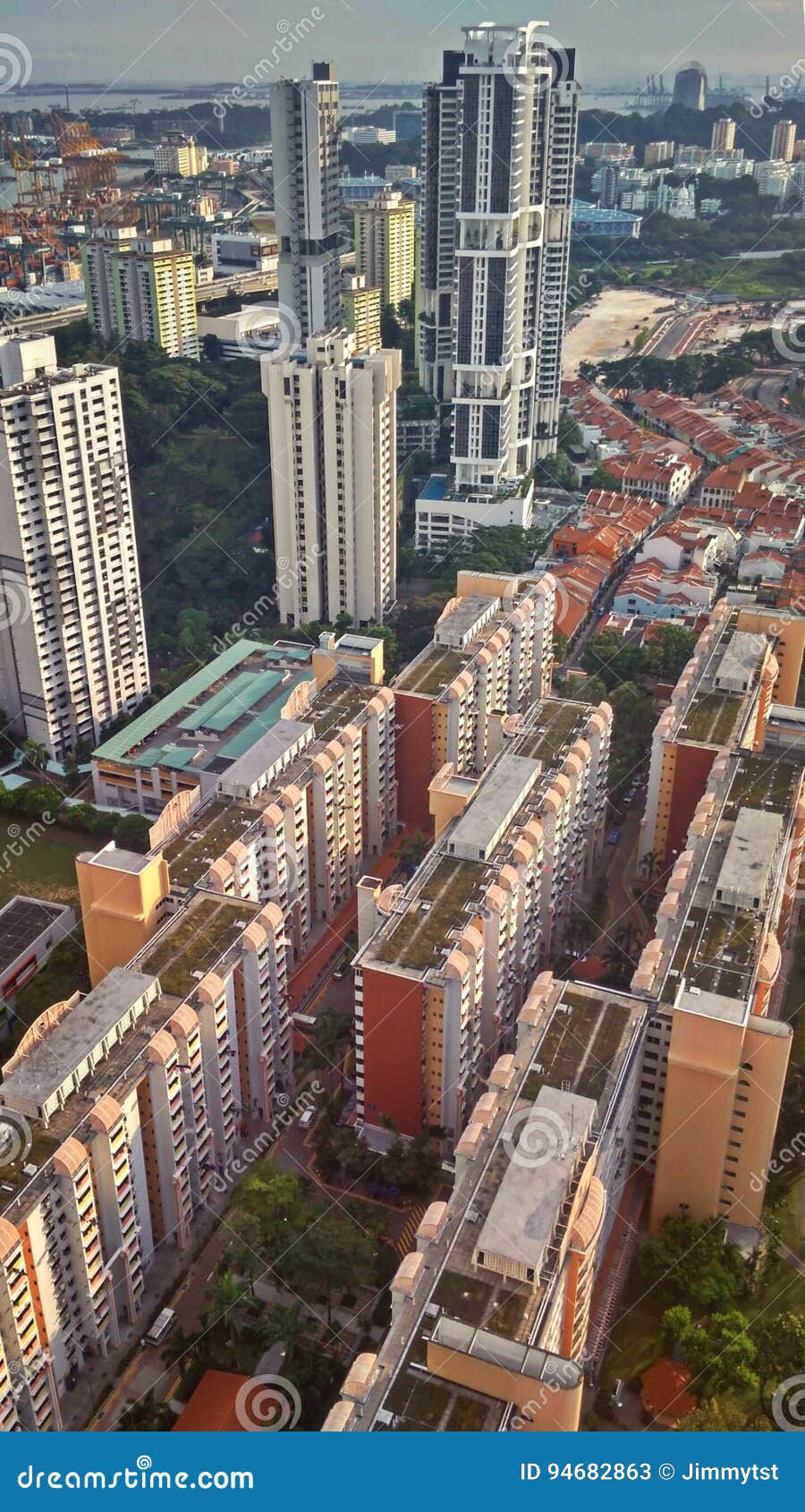 Tanjong Pagar blandad utveckling. Flyg- sikt av allmännyttan- och reklamfilmbyggnader i i stadens centrum Singapore
