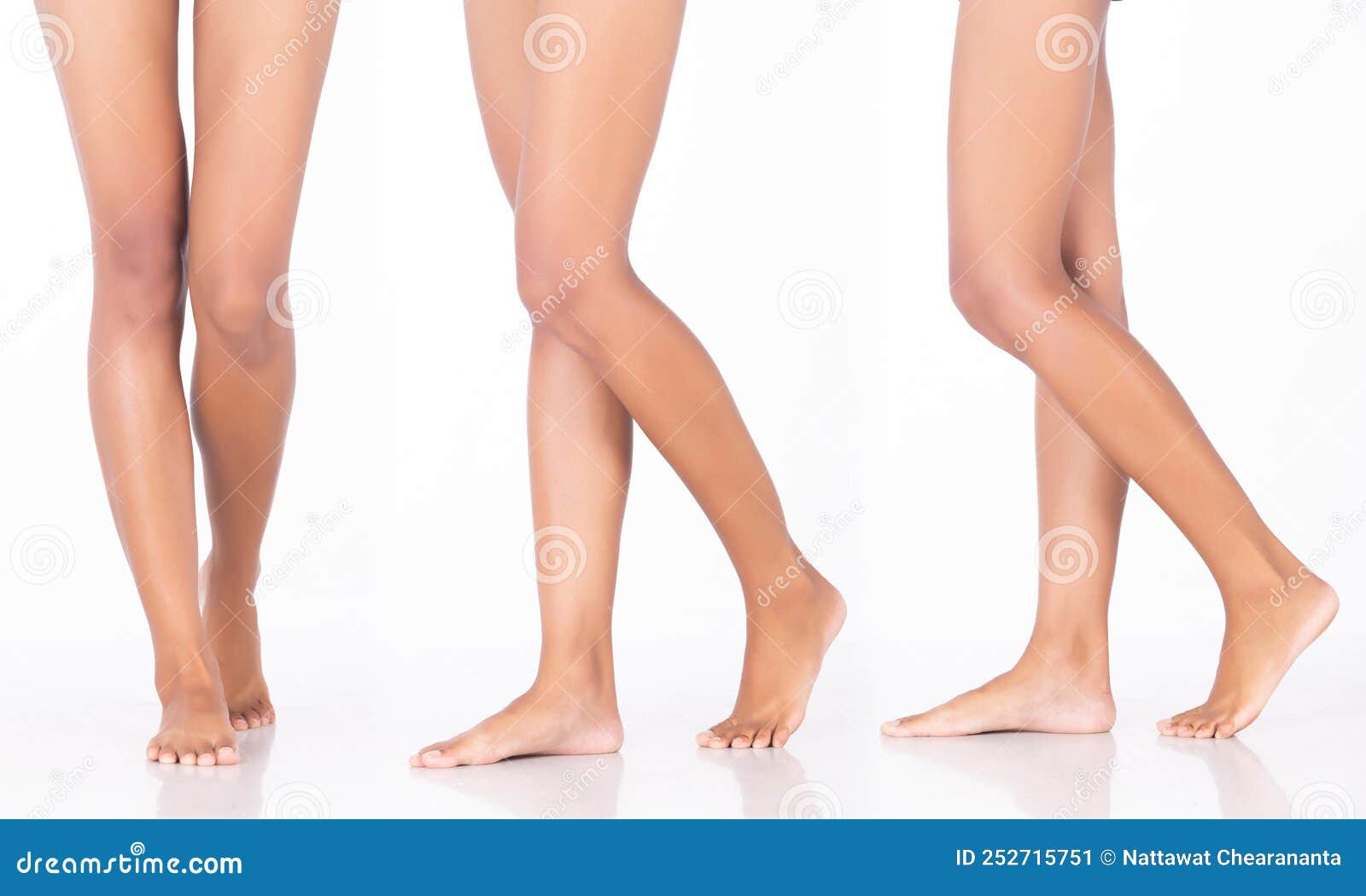 tanned skin woman show legs knee bare foots toe, walking forward side, white background 