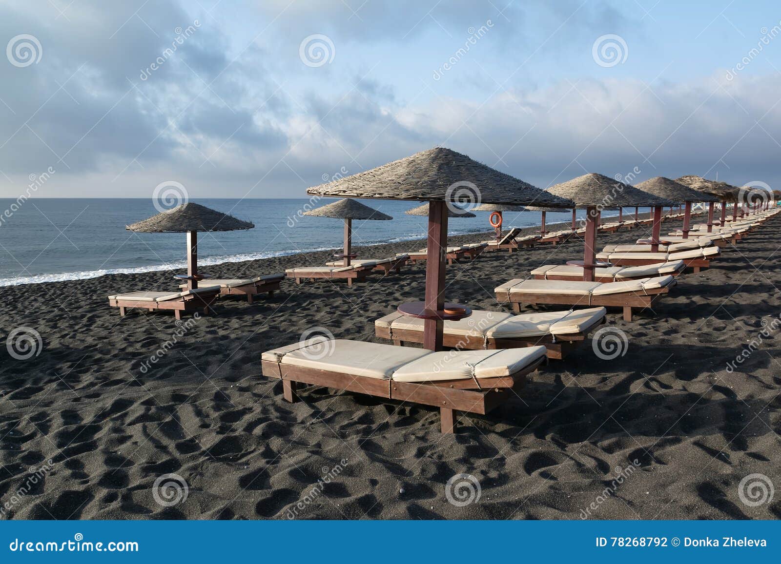 Tanning Beds and Umbrellas on Perissa Beach, Santorini, Greece Stock Photo Image of relax
