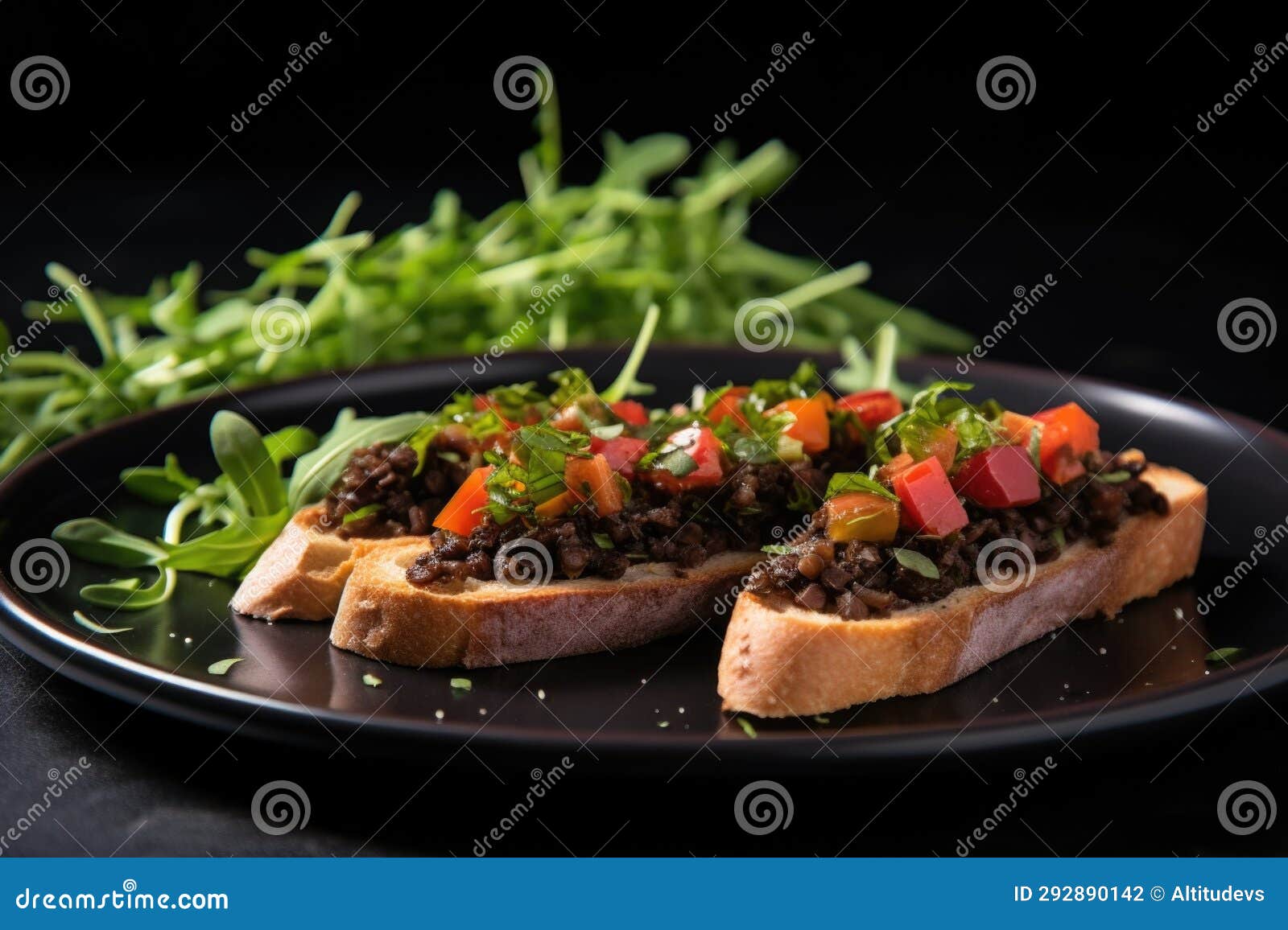 Tapenade Bruschetta with Microgreens on Matte Black Plate Stock Photo