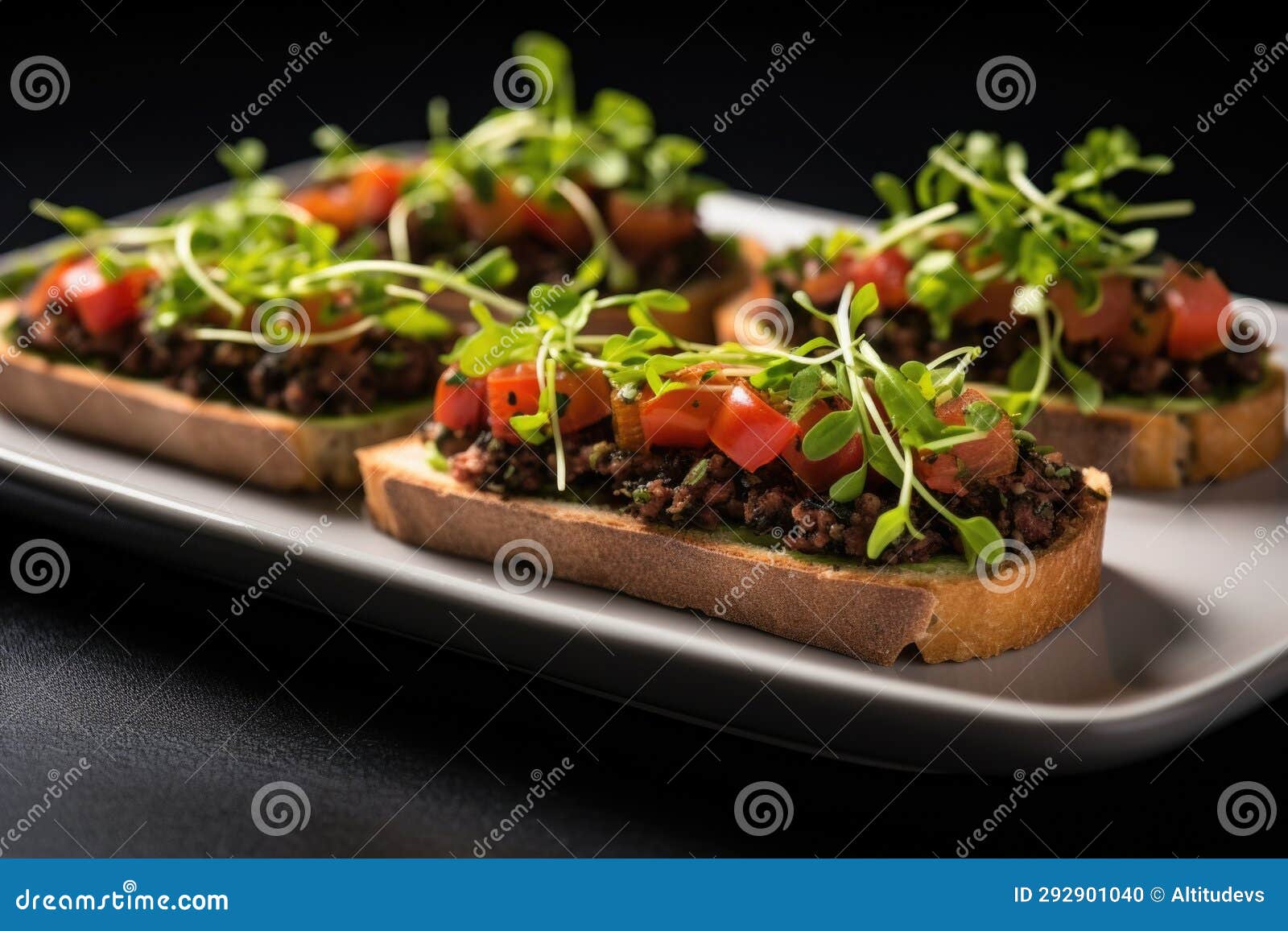Tapenade Bruschetta with Microgreens on Matte Black Plate Stock Photo