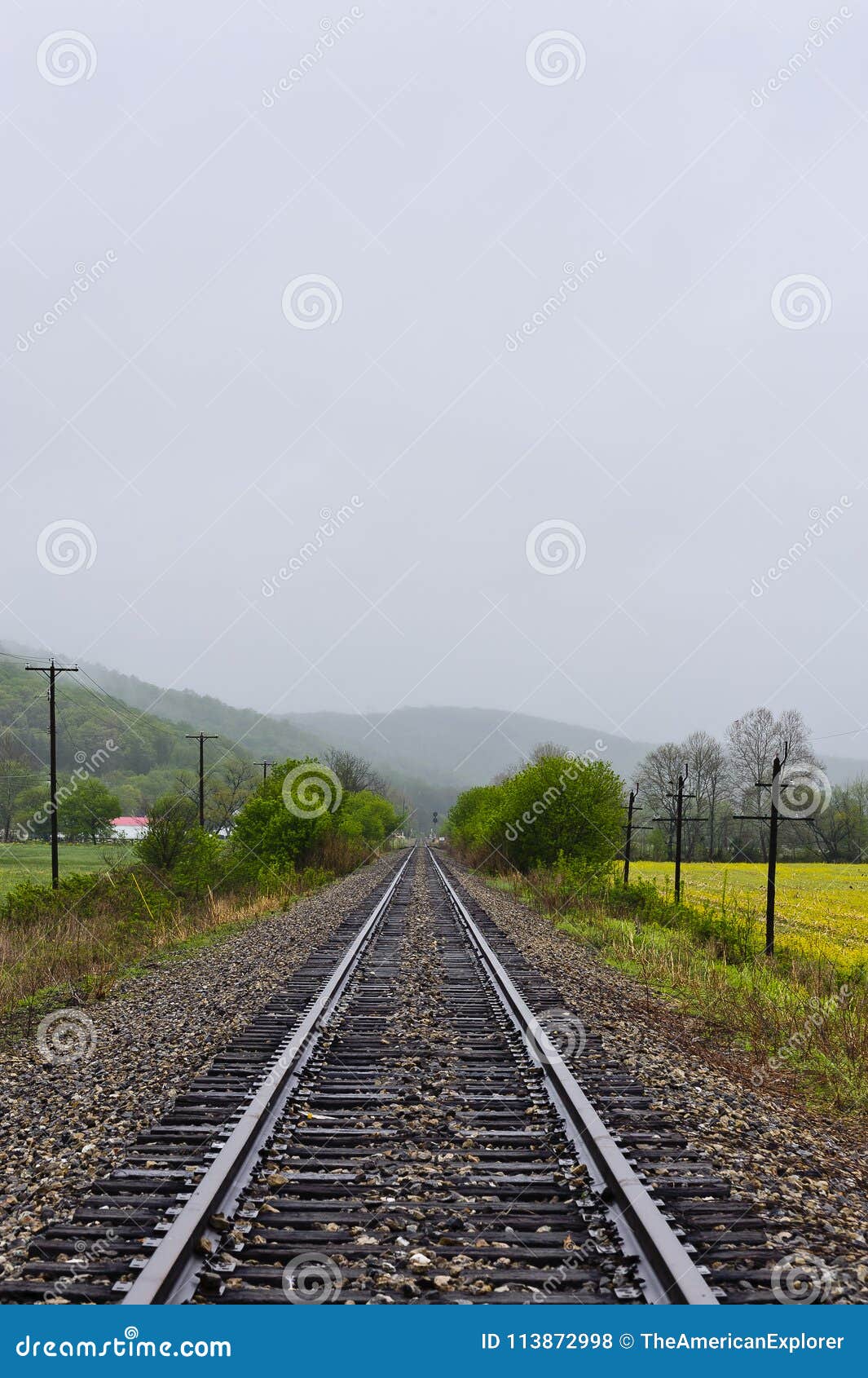 Tarde de niebla - ferrocarril abandonado - Ohio meridional. Una opinión de niebla de la tarde de un ferrocarril abandonado rodeado por los campos de granja florecientes en Ohio meridional