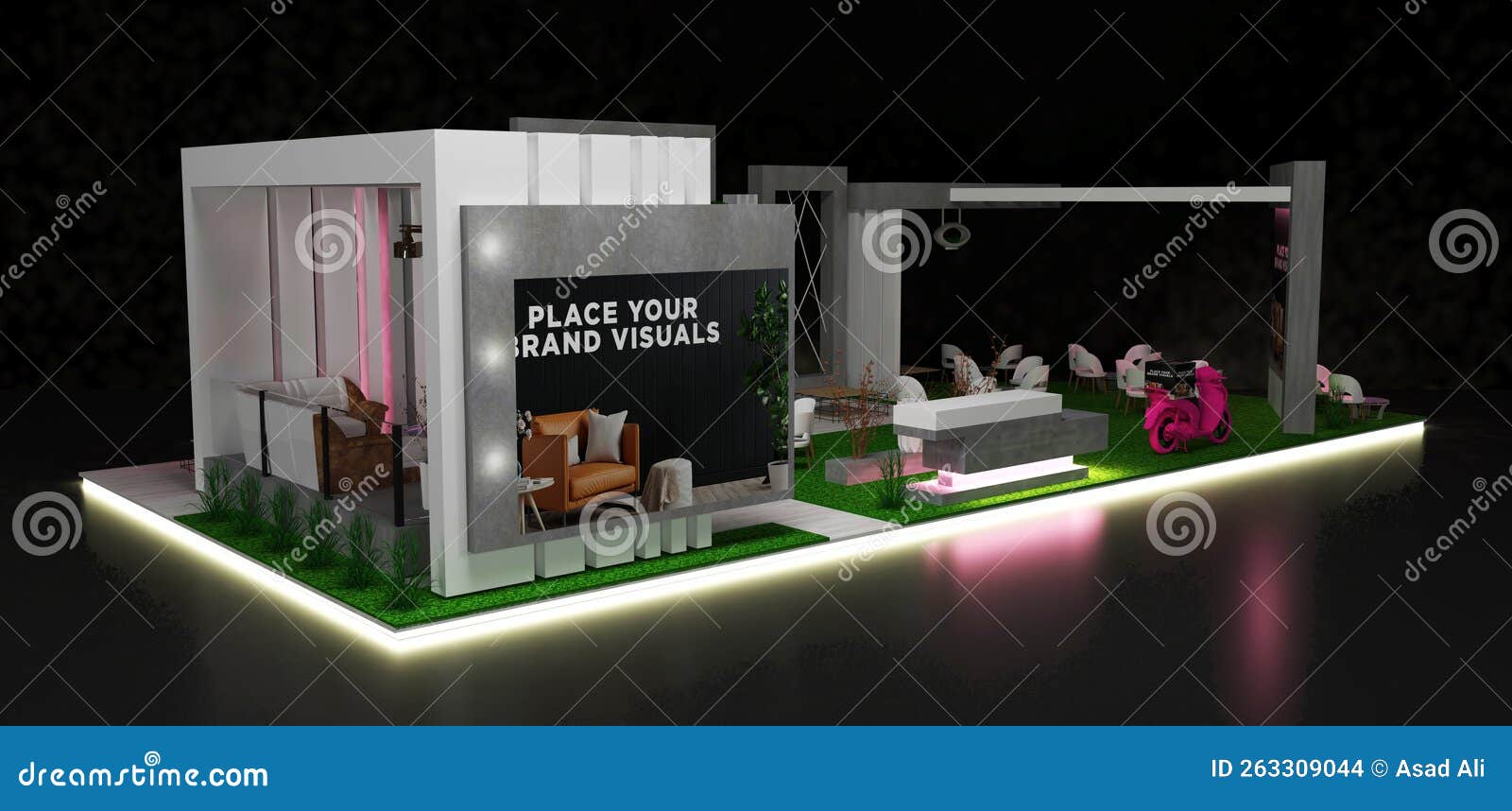 tarde exhibition booth lounge for brands. 3d rendering