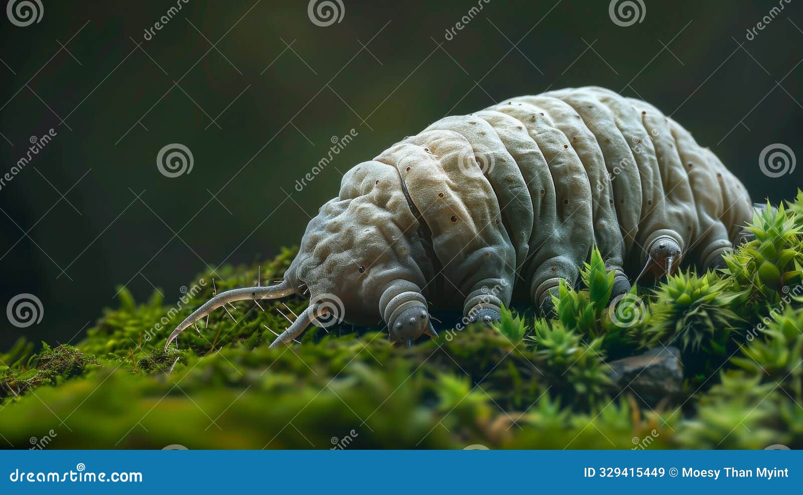 tardigrade crawling with it's segmented body and clawed legs in moss