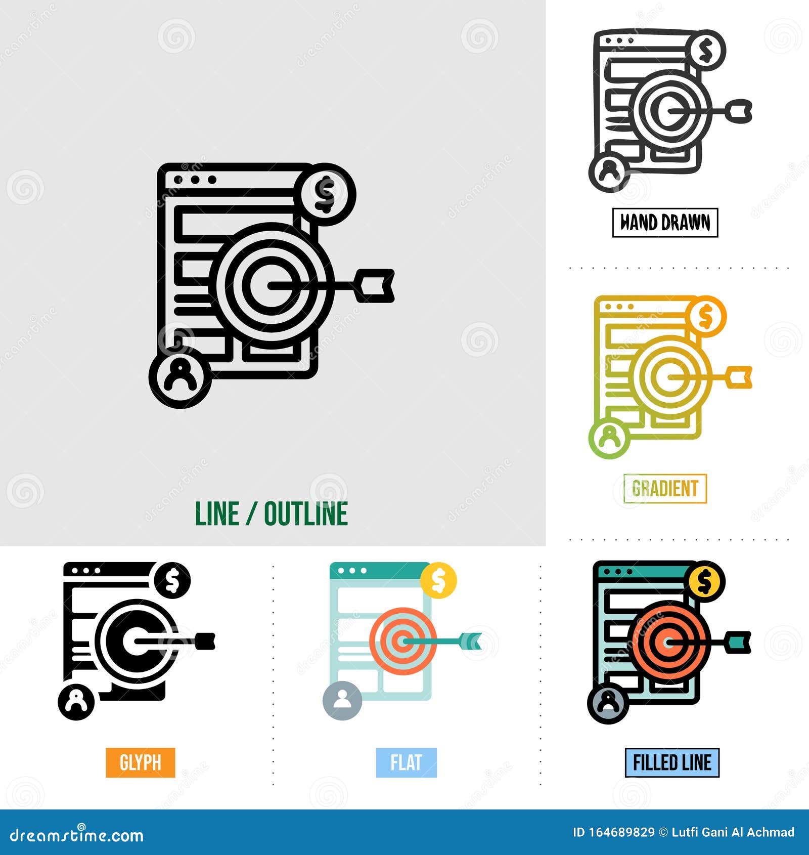 target icon in six different styles, based on outline style, seo icon set, 