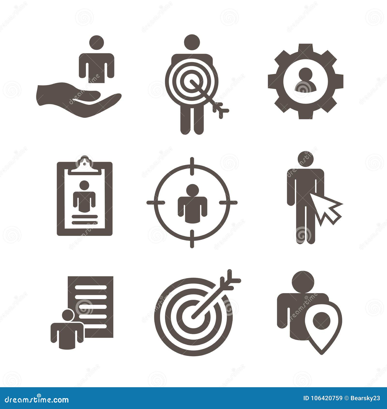target market icons of buyer image and persona - gear, arrow, n