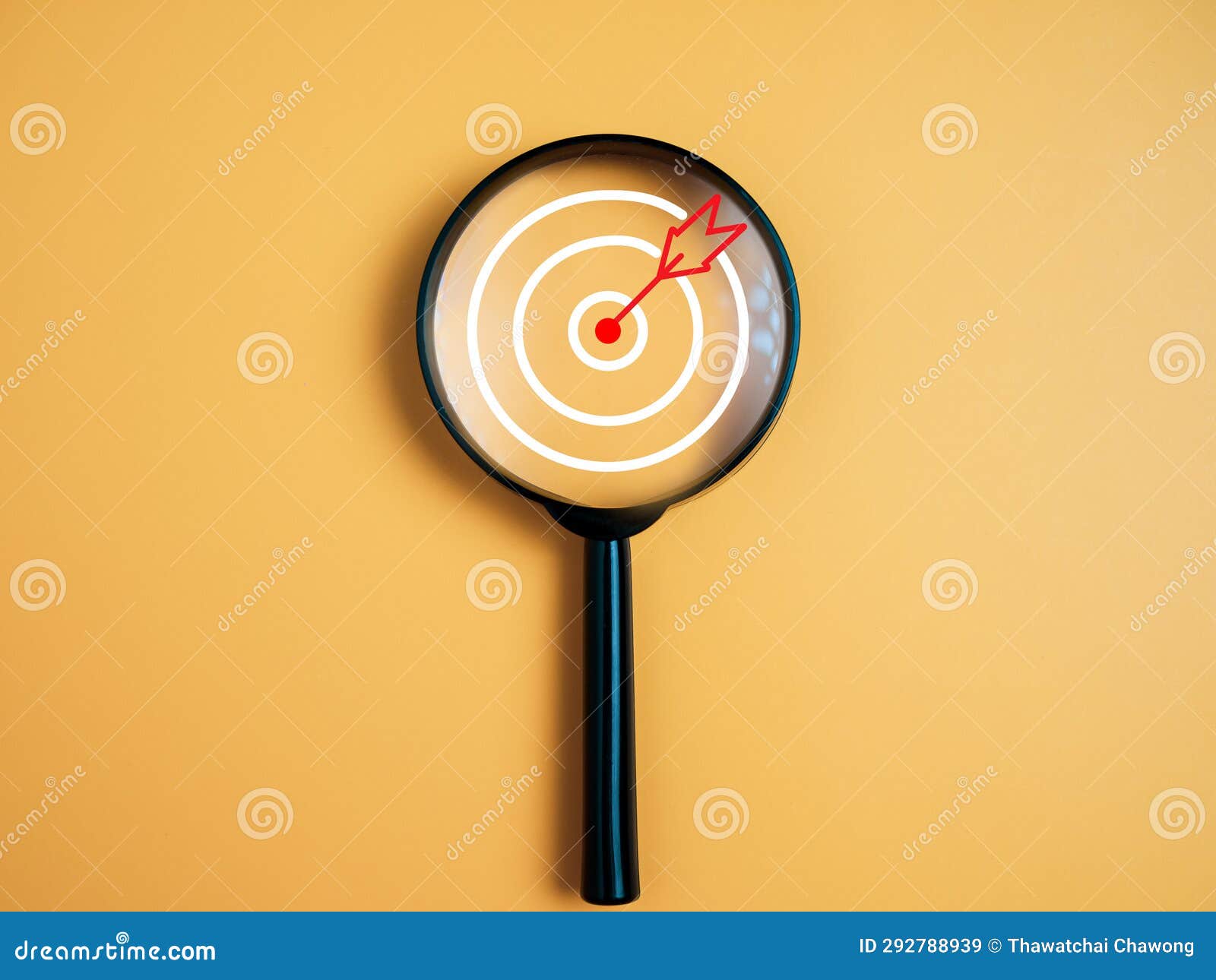 target, objective, goal achievement, purposefulness concept. magnifying glass focus on dartboard icon over yellow background