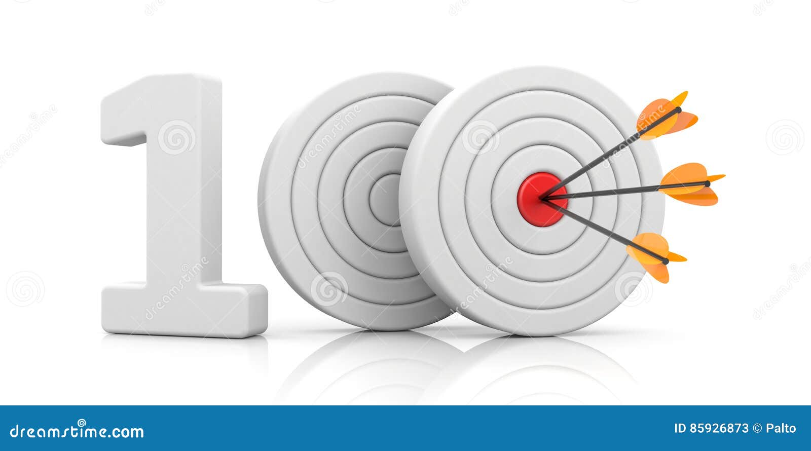 Red stripe targets with arrow form the red number 100. Accurate shot metaphors. 3d illustration