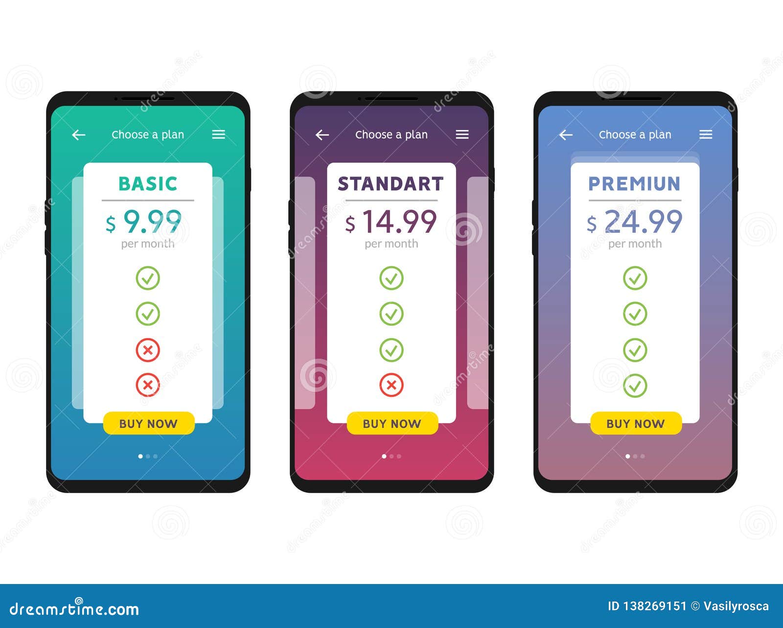 Tariff Plans Mobile Ui Interface for  Apps Template Stock