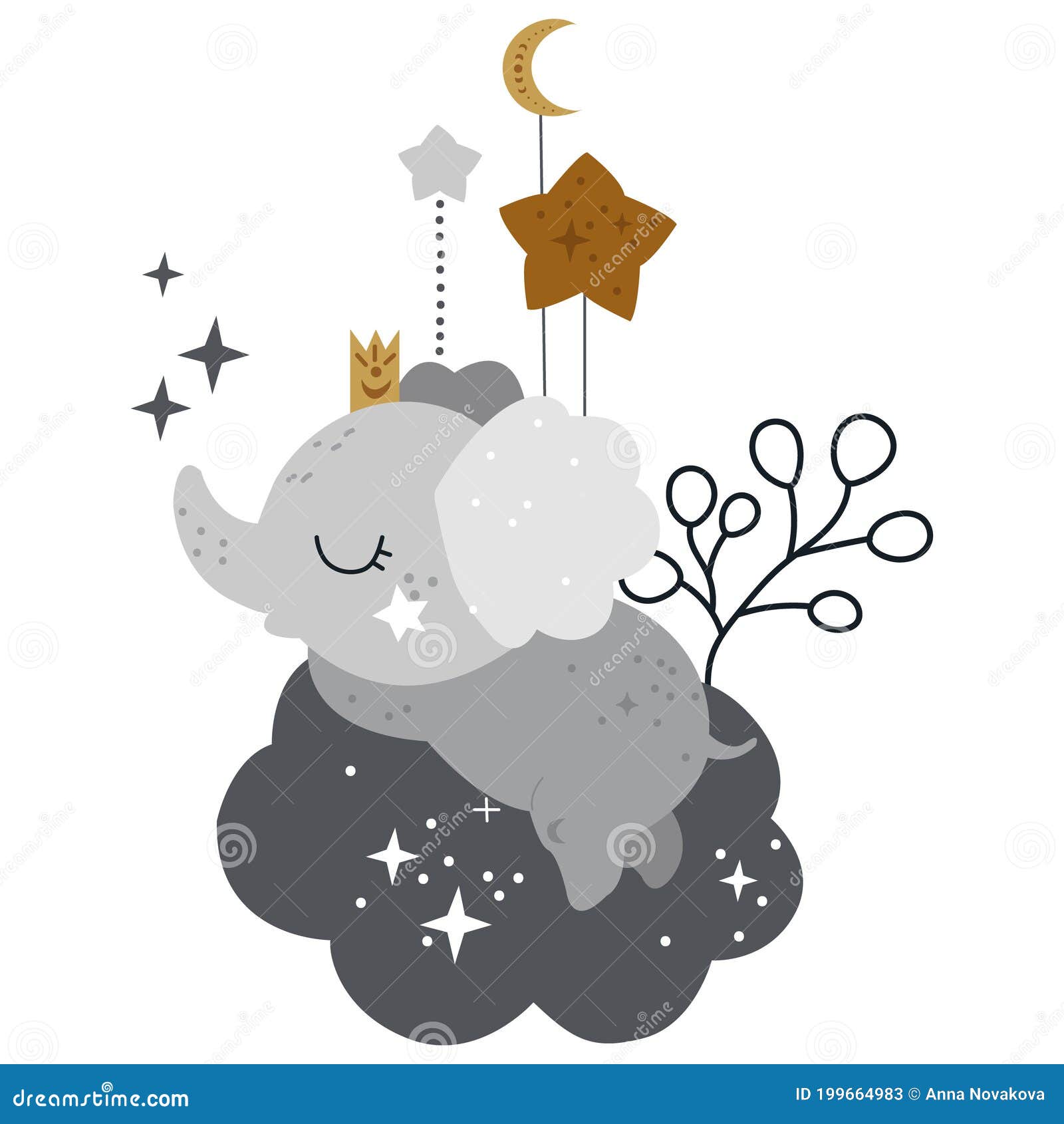 Tarjeta Celeste Con Elefante Y Luna Para Bebé Ilustración Del Vector