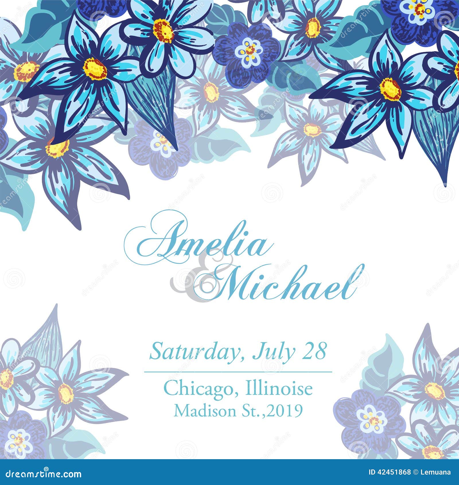 Tarjeta De La Invitación De La Boda Con Las Flores Azules Ilustración del  Vector - Ilustración de belleza, floral: 42451868