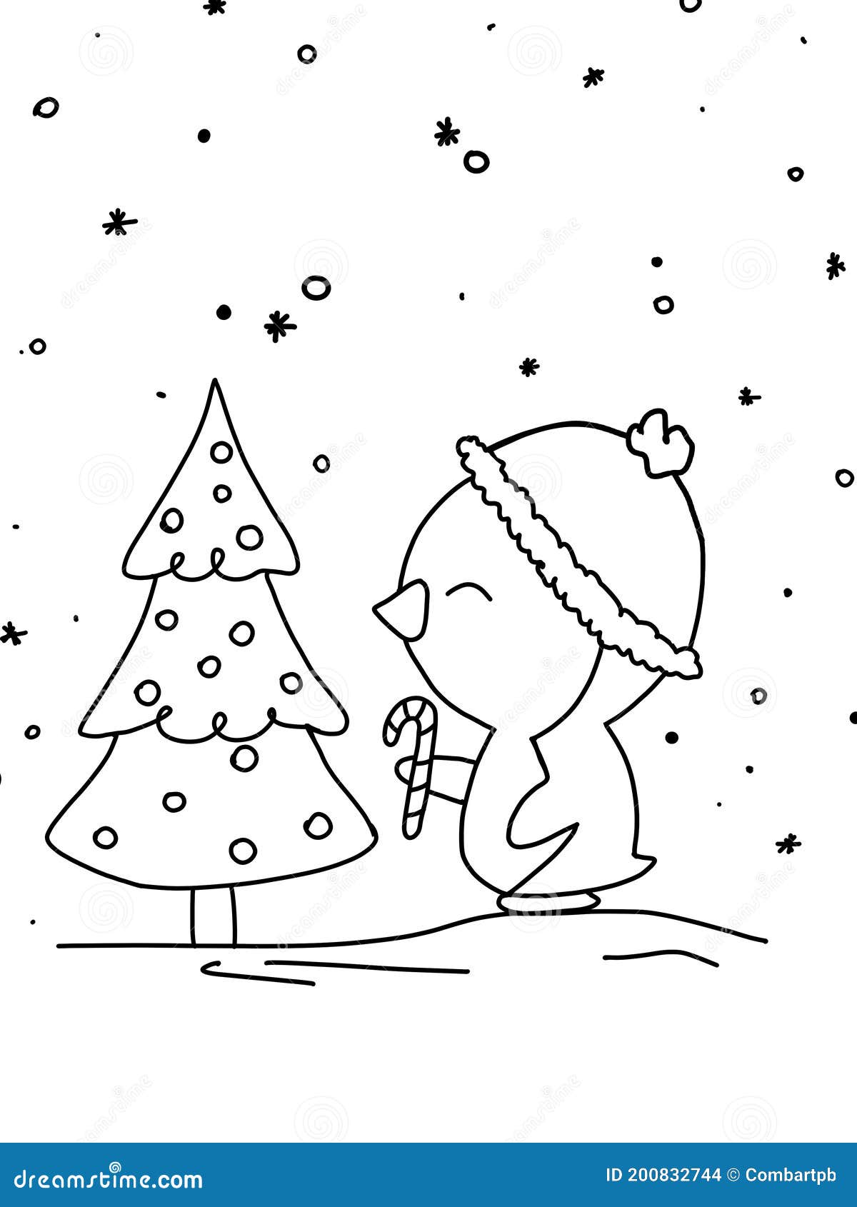 Tarjeta De Navidad De Página De Color Para Colorear Un Pingüino En Una  Gorra Y Un árbol De Navidad Stock de ilustración - Ilustración de contorno,  saludo: 200832744